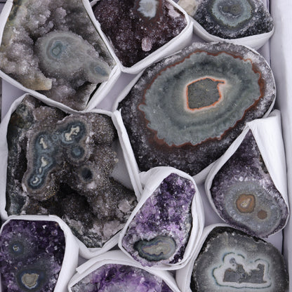 Uruguay Amethyst Clusters with "Eyes" Flat of 12 - Expert Wholesale and Supplier of Wholesale Crystals & Bulk Gemstones, ["Amethyst","Clusters","Eyes Amethyst","Uruguay"]