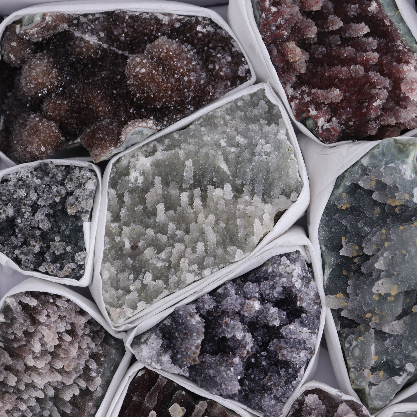 Uruguay Amethyst Clusters with Formations Flat of 12 - Expert Wholesale and Supplier of Wholesale Crystals & Bulk Gemstones, ["Amethyst","Calcite","Clusters","Formations","Uruguay"]
