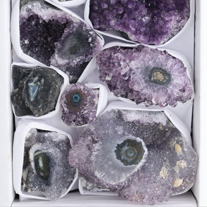 Uruguay Amethyst Clusters with "Eyes" Flat of 8 - Expert Wholesale and Supplier of Wholesale Crystals & Bulk Gemstones, ["Amethyst","Amethyst Eyes","Clusters","Uruguay"]
