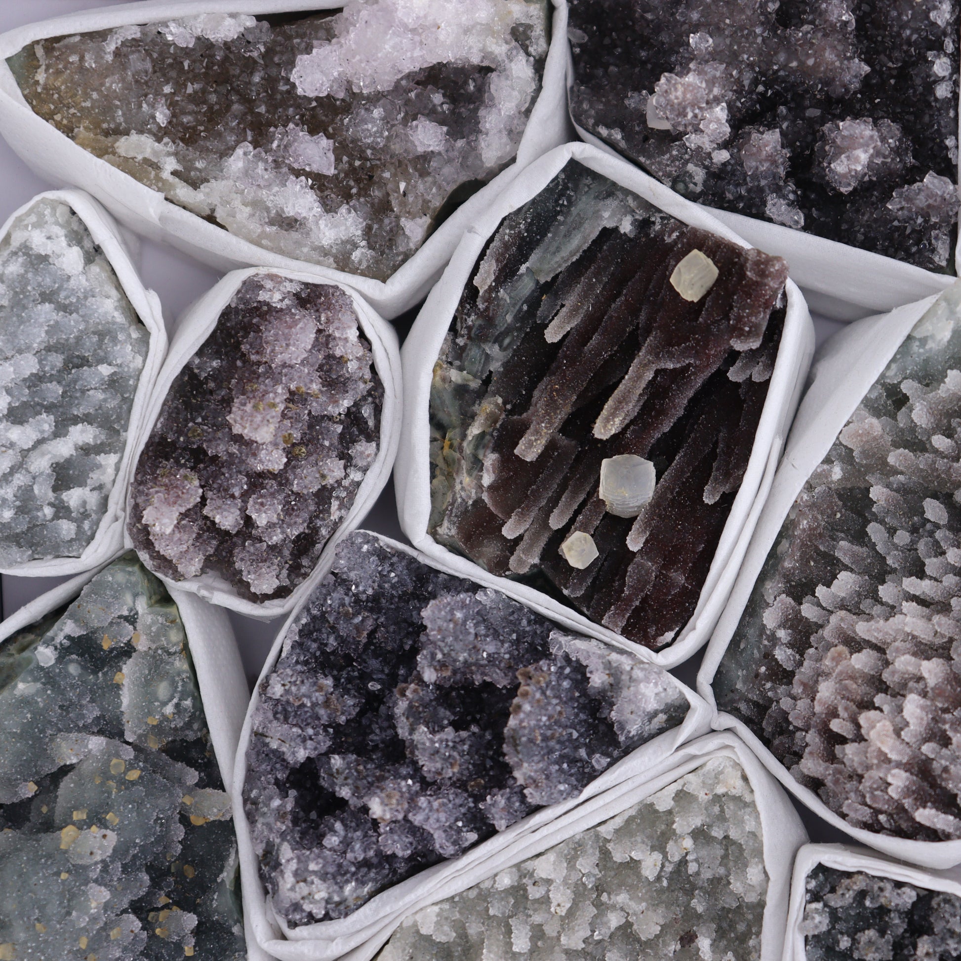 Uruguay Amethyst Clusters with Formations Flat of 12 - Expert Wholesale and Supplier of Wholesale Crystals & Bulk Gemstones, ["Amethyst","Calcite","Clusters","Formations","Uruguay"]