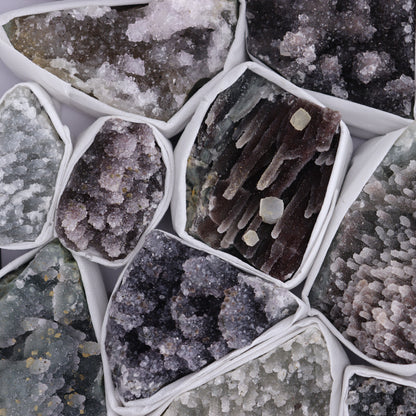Uruguay Amethyst Clusters with Formations Flat of 12 - Expert Wholesale and Supplier of Wholesale Crystals & Bulk Gemstones, ["Amethyst","Calcite","Clusters","Formations","Uruguay"]