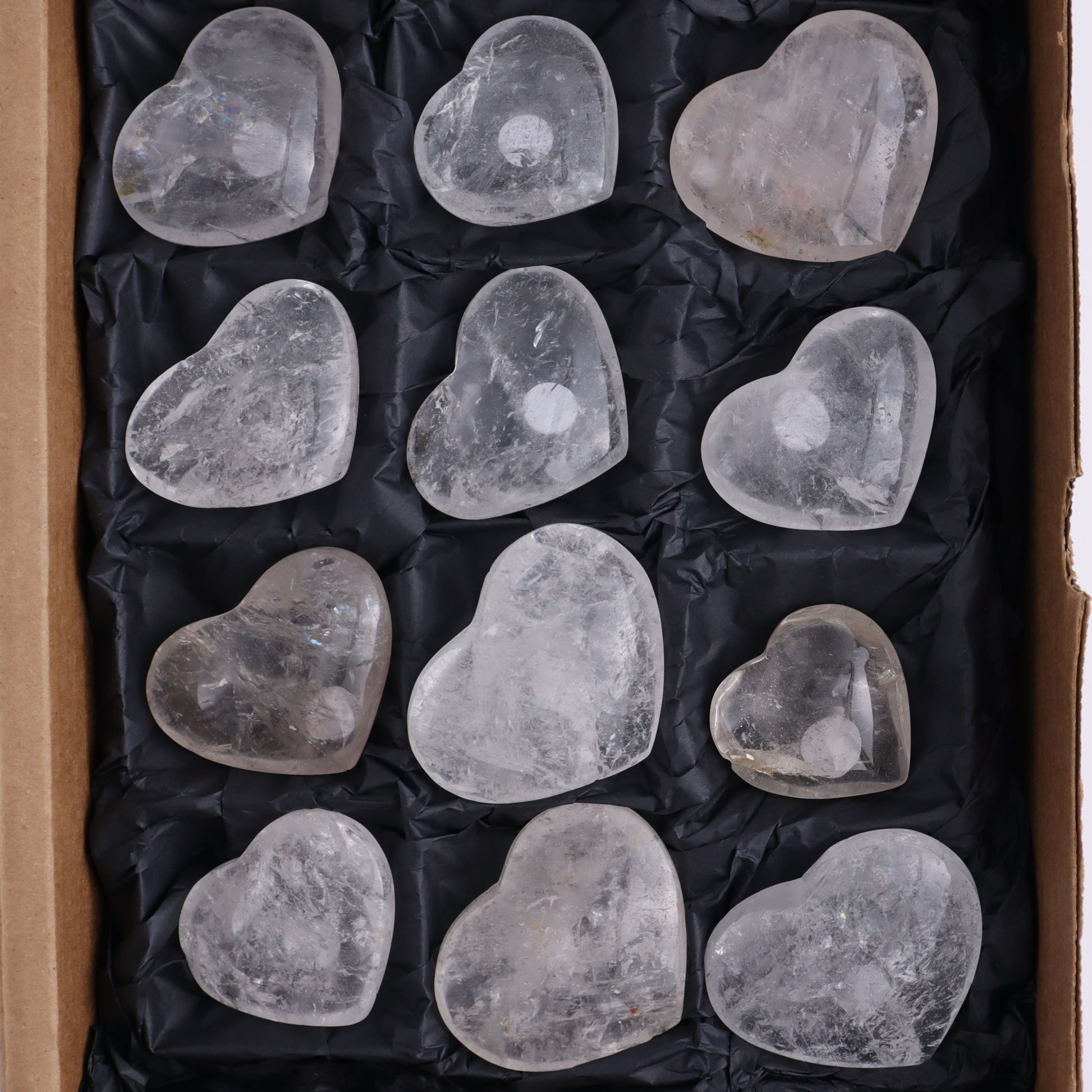 Imperfect Clear Quartz Hearts Set of 12 - Expert Wholesale and Supplier of Wholesale Crystals & Bulk Gemstones, ["Brazil","Clear Quartz","close_50","Hearts","Quartz"]