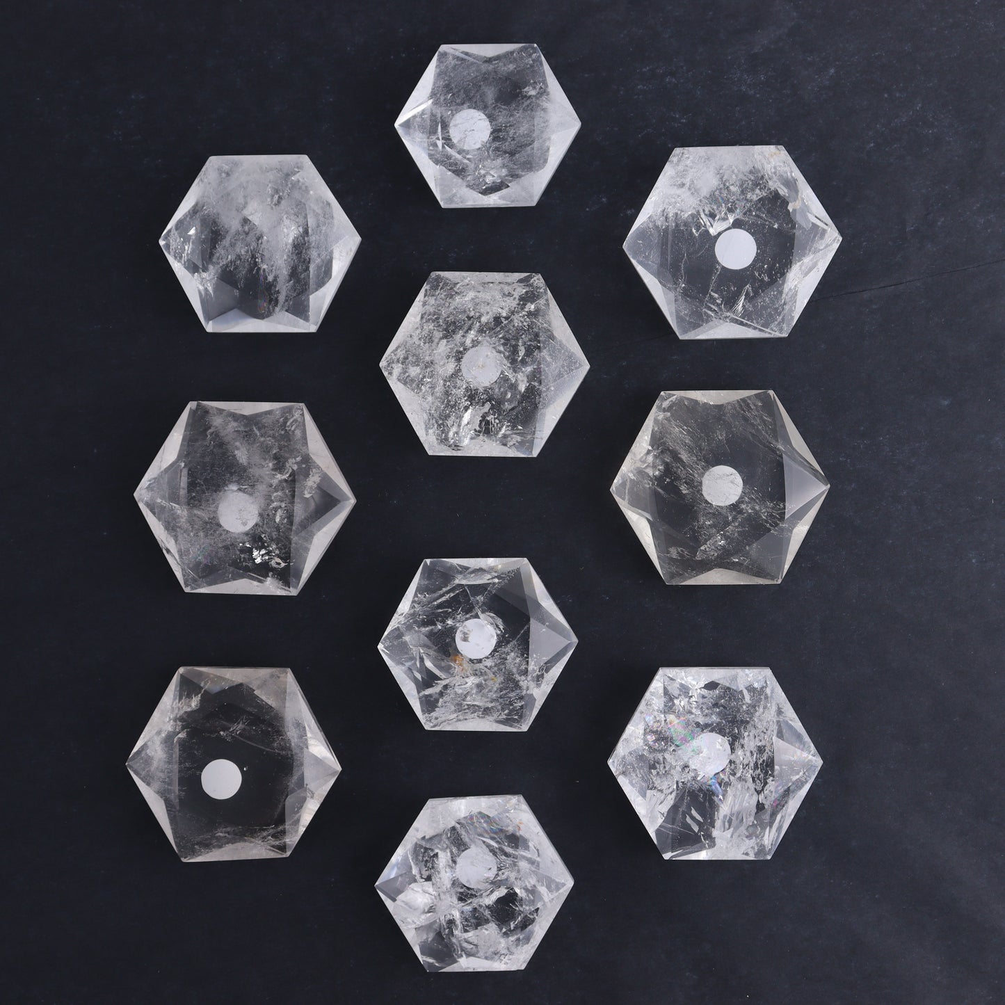 Clear Quartz Mixed Hearts & Hexagon Set of 18 - Expert Wholesale and Supplier of Wholesale Crystals & Bulk Gemstones, ["Brazil","Clear Quartz","Hearts","Hexagon","Quartz"]