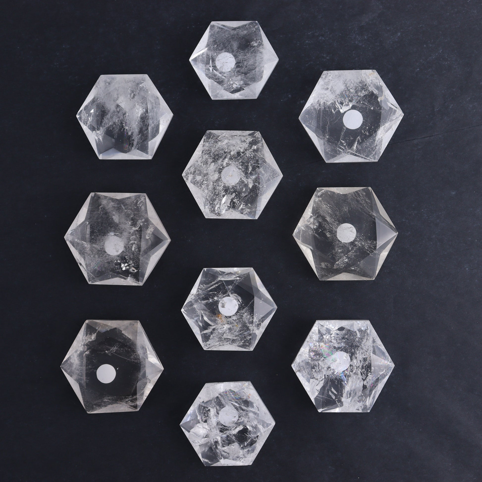 Clear Quartz Mixed Hearts & Hexagon Set of 18 - Expert Wholesale and Supplier of Wholesale Crystals & Bulk Gemstones, ["Brazil","Clear Quartz","Hearts","Hexagon","Quartz"]