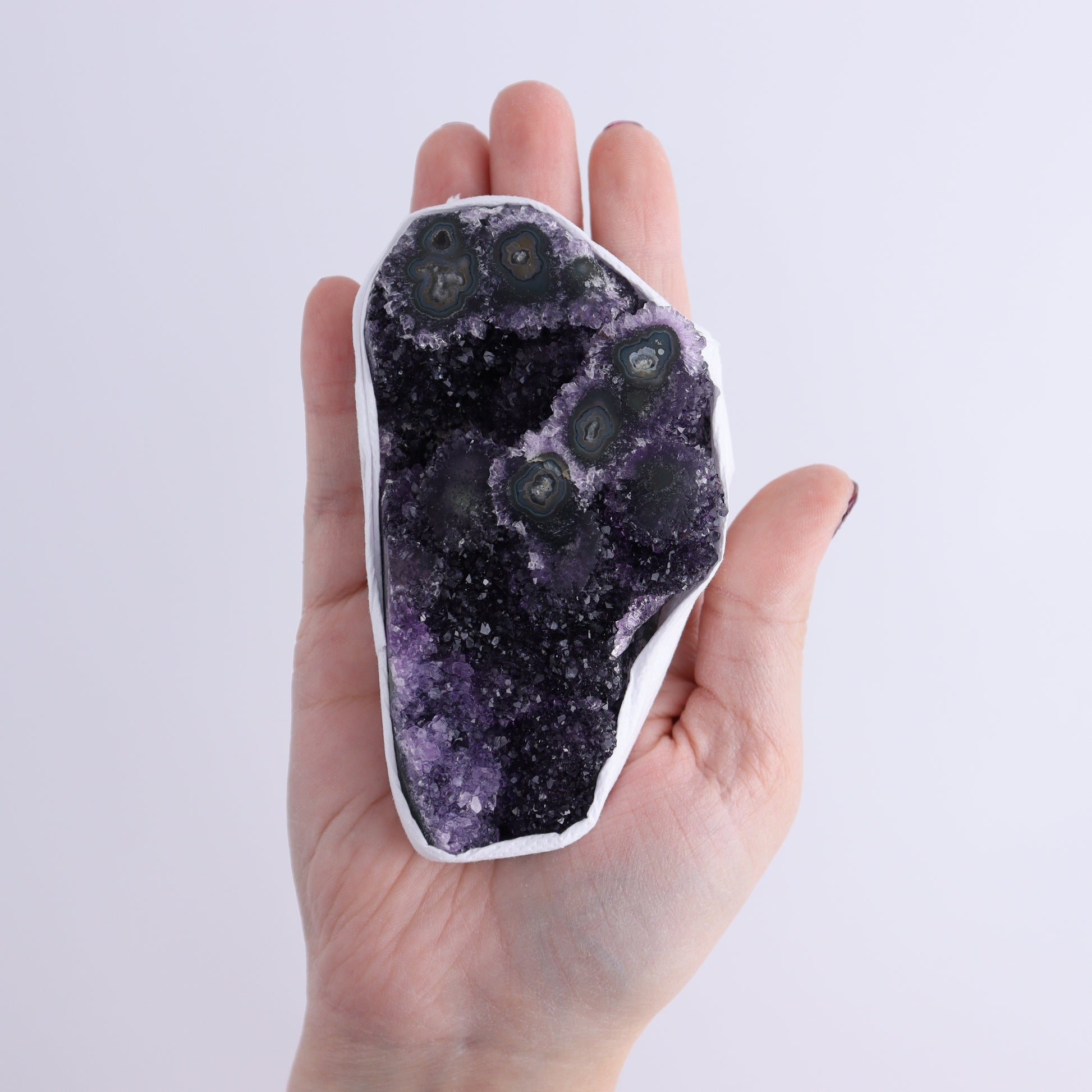 Uruguay Amethyst Clusters with "Eyes" Flat of 10 - Expert Wholesale and Supplier of Wholesale Crystals & Bulk Gemstones, ["Amethyst","Clusters","Eyes Amethyst","Uruguay"]
