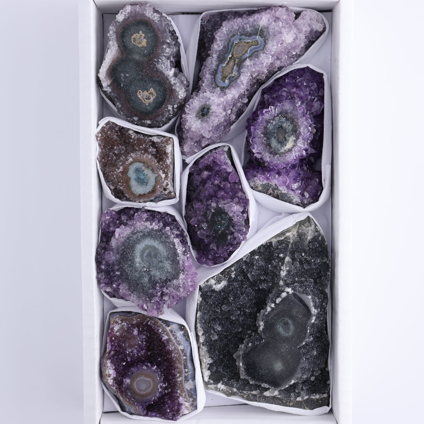 Uruguay Amethyst Clusters with "Eyes" Flat of 8 - Expert Wholesale and Supplier of Wholesale Crystals & Bulk Gemstones, []
