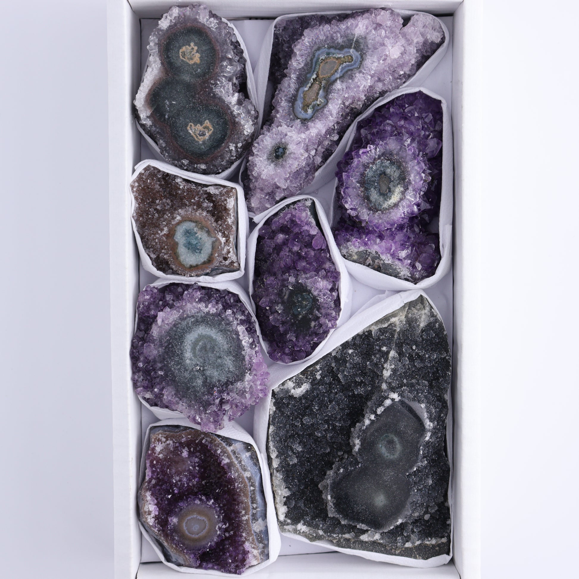 Uruguay Amethyst Clusters with "Eyes" Flat of 8 - Expert Wholesale and Supplier of Wholesale Crystals & Bulk Gemstones, []