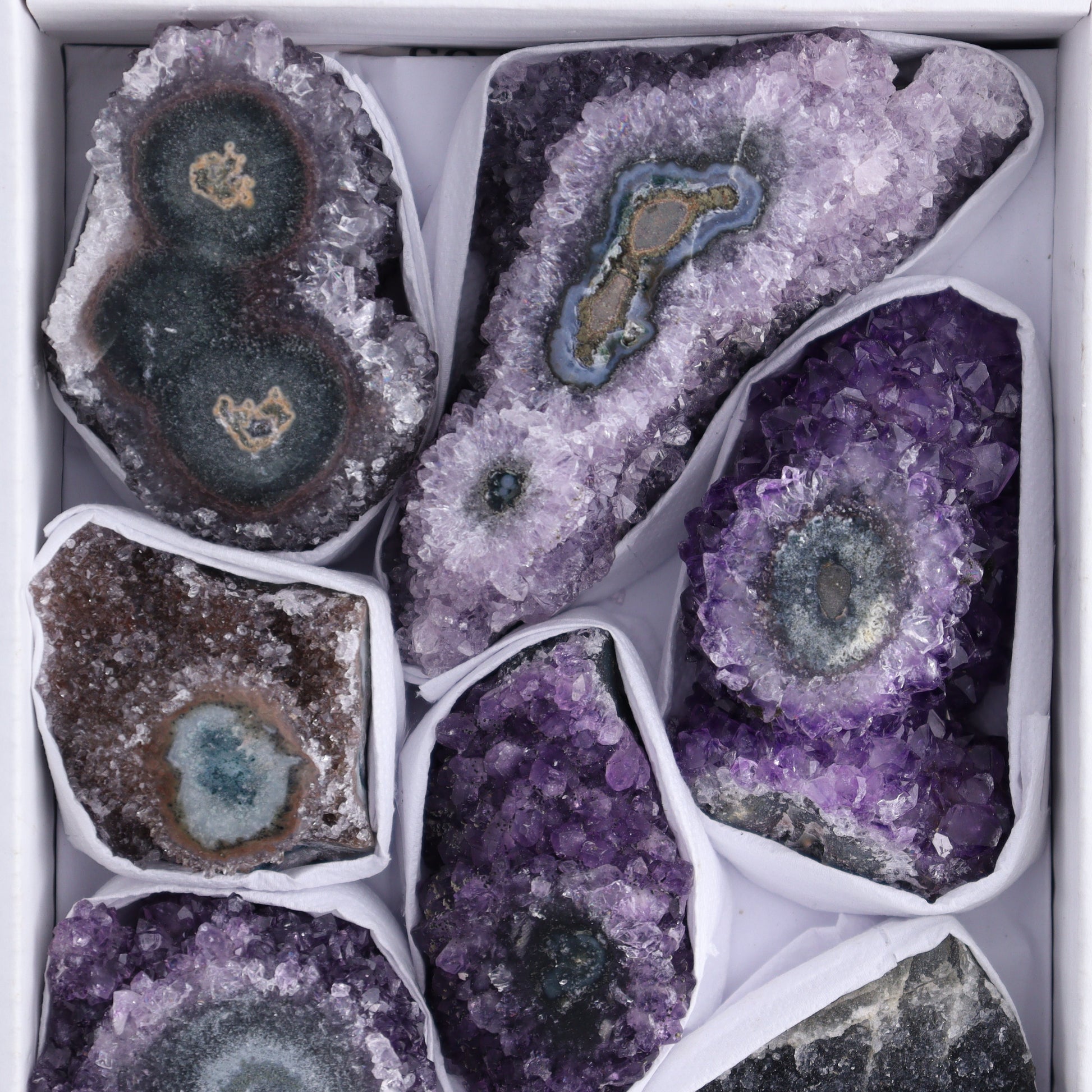 Uruguay Amethyst Clusters with "Eyes" Flat of 8 - Expert Wholesale and Supplier of Wholesale Crystals & Bulk Gemstones, []