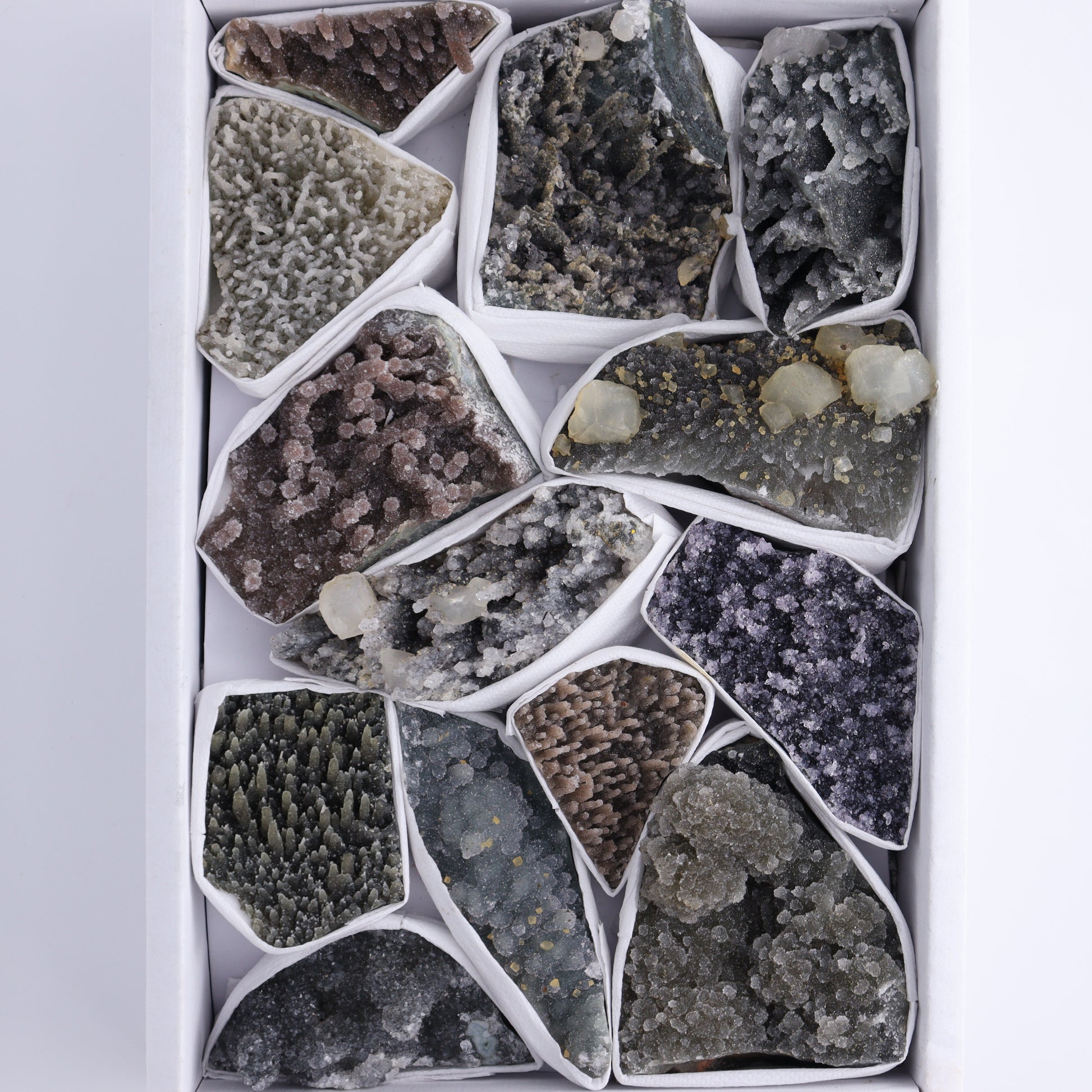 Uruguay Amethyst Clusters with Formations Flat of 13 - Expert Wholesale and Supplier of Wholesale Crystals & Bulk Gemstones, ["Amethyst","Calcite","Clusters","Formations","Uruguay"]