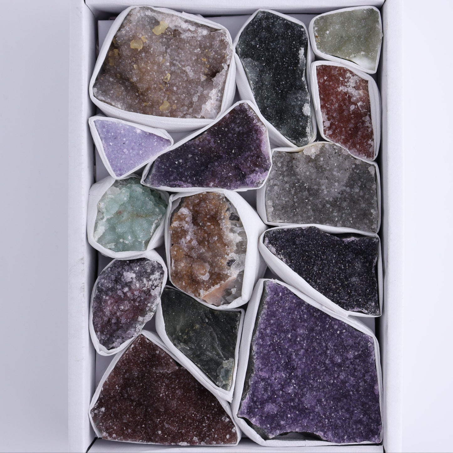 Uruguay Rainbow Amethyst Clusters Flat of 14 - Expert Wholesale and Supplier of Wholesale Crystals & Bulk Gemstones, ["Amethyst","Clusters","Rainbow Amethyst","Sugar Rainbow Amethyst","Uruguay"]