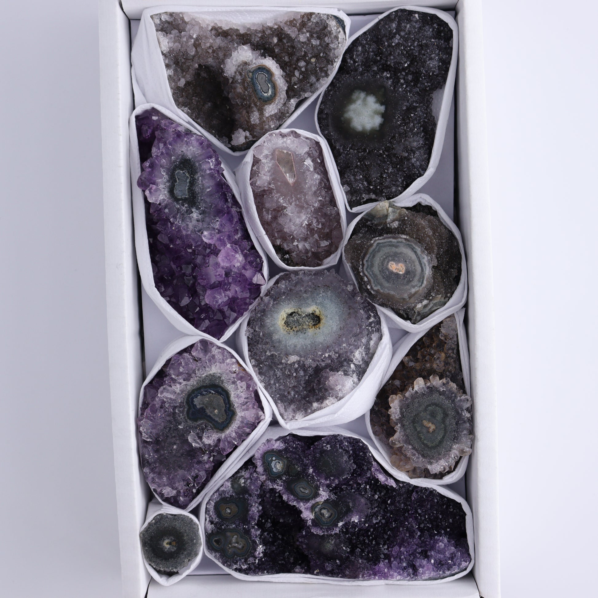 Uruguay Amethyst Clusters with "Eyes" Flat of 10 - Expert Wholesale and Supplier of Wholesale Crystals & Bulk Gemstones, ["Amethyst","Clusters","Eyes Amethyst","Uruguay"]