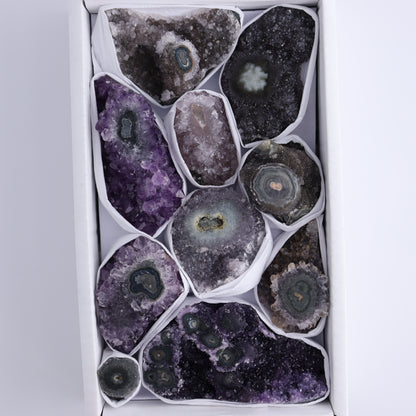 Uruguay Amethyst Clusters with "Eyes" Flat of 10 - Expert Wholesale and Supplier of Wholesale Crystals & Bulk Gemstones, ["Amethyst","Clusters","Eyes Amethyst","Uruguay"]