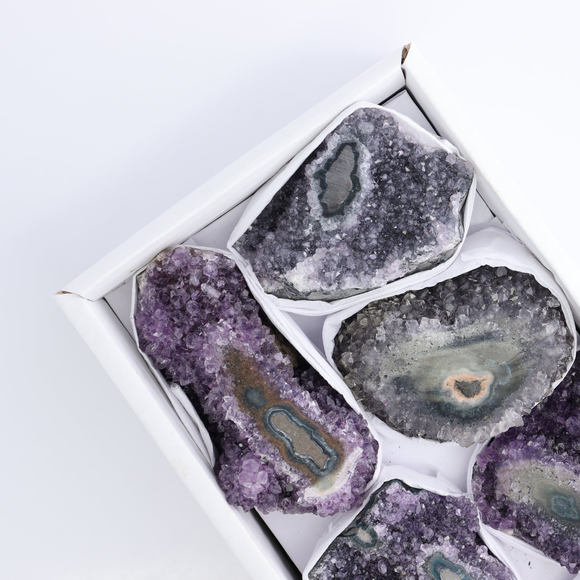 Uruguay Amethyst Clusters with "Eyes" Flat of 7 - Expert Wholesale and Supplier of Wholesale Crystals & Bulk Gemstones, ["Amethyst","Amethyst Eyes","Clusters","Uruguay"]