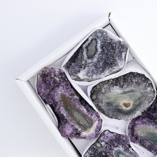 Uruguay Amethyst Clusters with "Eyes" Flat of 7 - Expert Wholesale and Supplier of Wholesale Crystals & Bulk Gemstones, ["Amethyst","Amethyst Eyes","Clusters","Uruguay"]