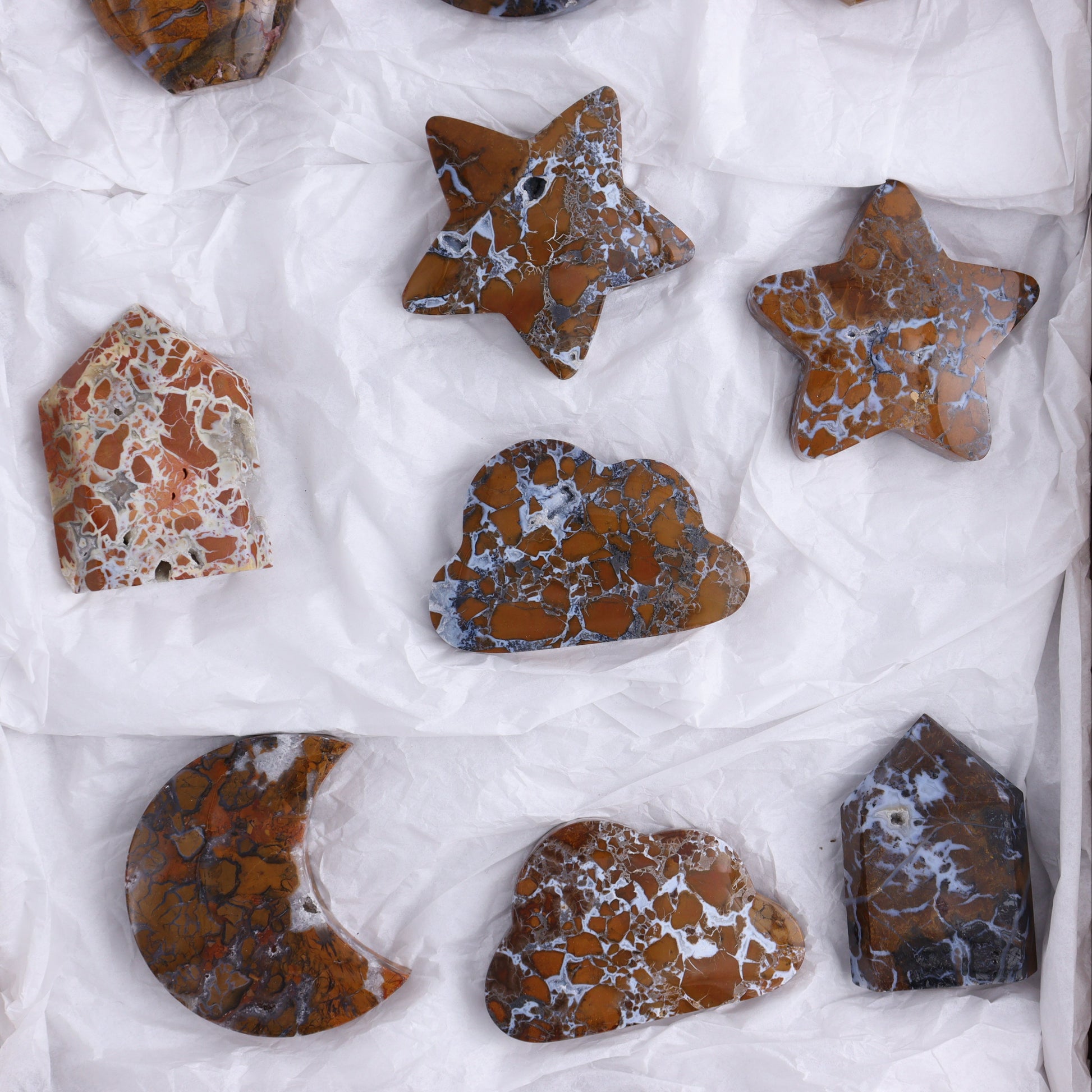 Brecciated Jasper Moons, Stars, Towers, Clouds, and Flames Set of 10 - Expert Wholesale and Supplier of Wholesale Crystals & Bulk Gemstones, ["Brecciated Jasper","Clouds","flames","Indonesia","moons","stars","Towers"]