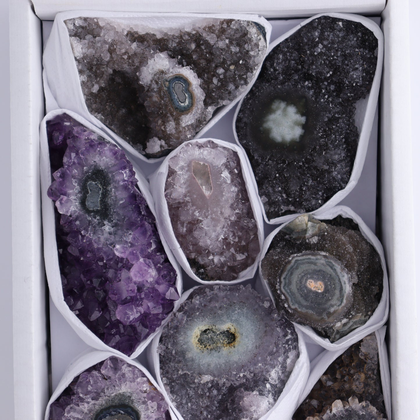 Uruguay Amethyst Clusters with "Eyes" Flat of 10 - Expert Wholesale and Supplier of Wholesale Crystals & Bulk Gemstones, ["Amethyst","Clusters","Eyes Amethyst","Uruguay"]