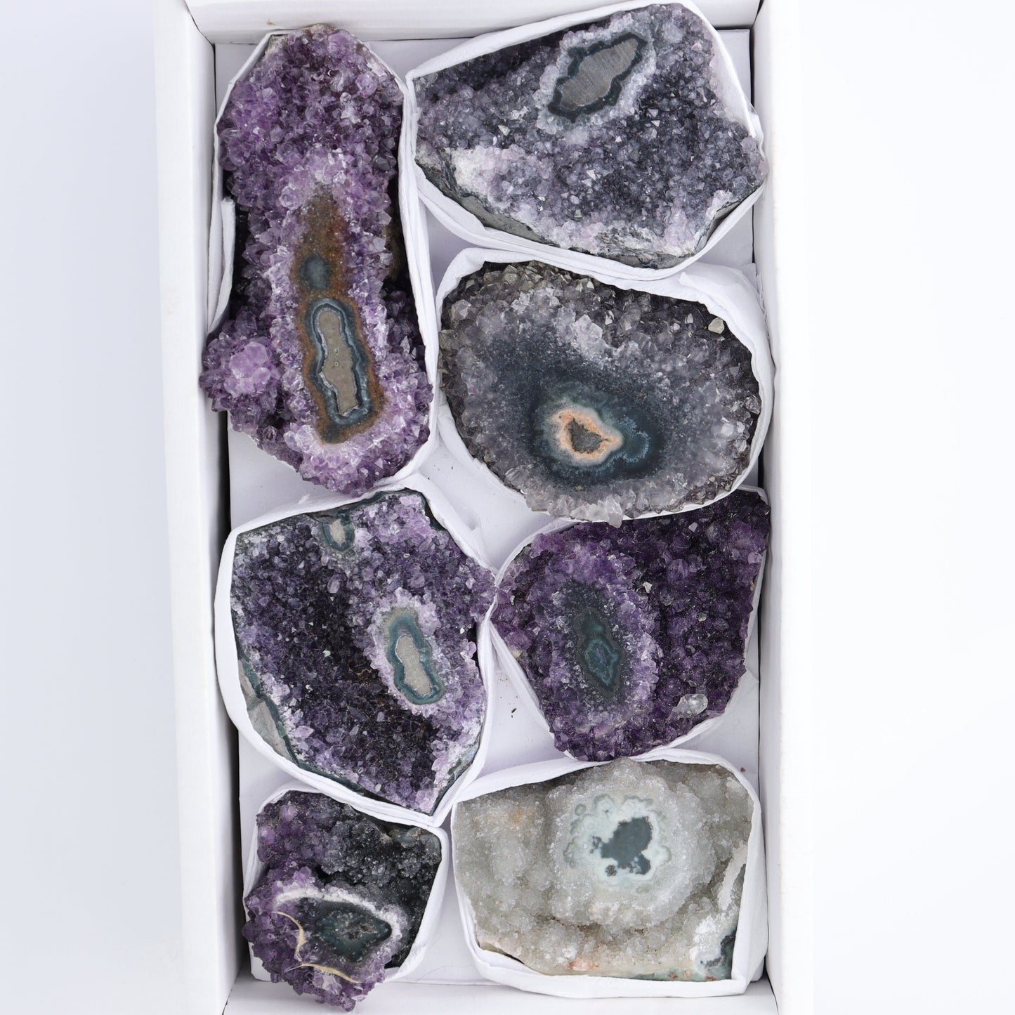 Uruguay Amethyst Clusters with "Eyes" Flat of 7 - Expert Wholesale and Supplier of Wholesale Crystals & Bulk Gemstones, ["Amethyst","Amethyst Eyes","Clusters","Uruguay"]