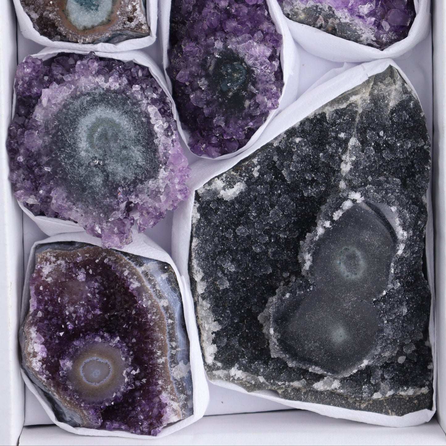 Uruguay Amethyst Clusters with "Eyes" Flat of 8 - Expert Wholesale and Supplier of Wholesale Crystals & Bulk Gemstones, []