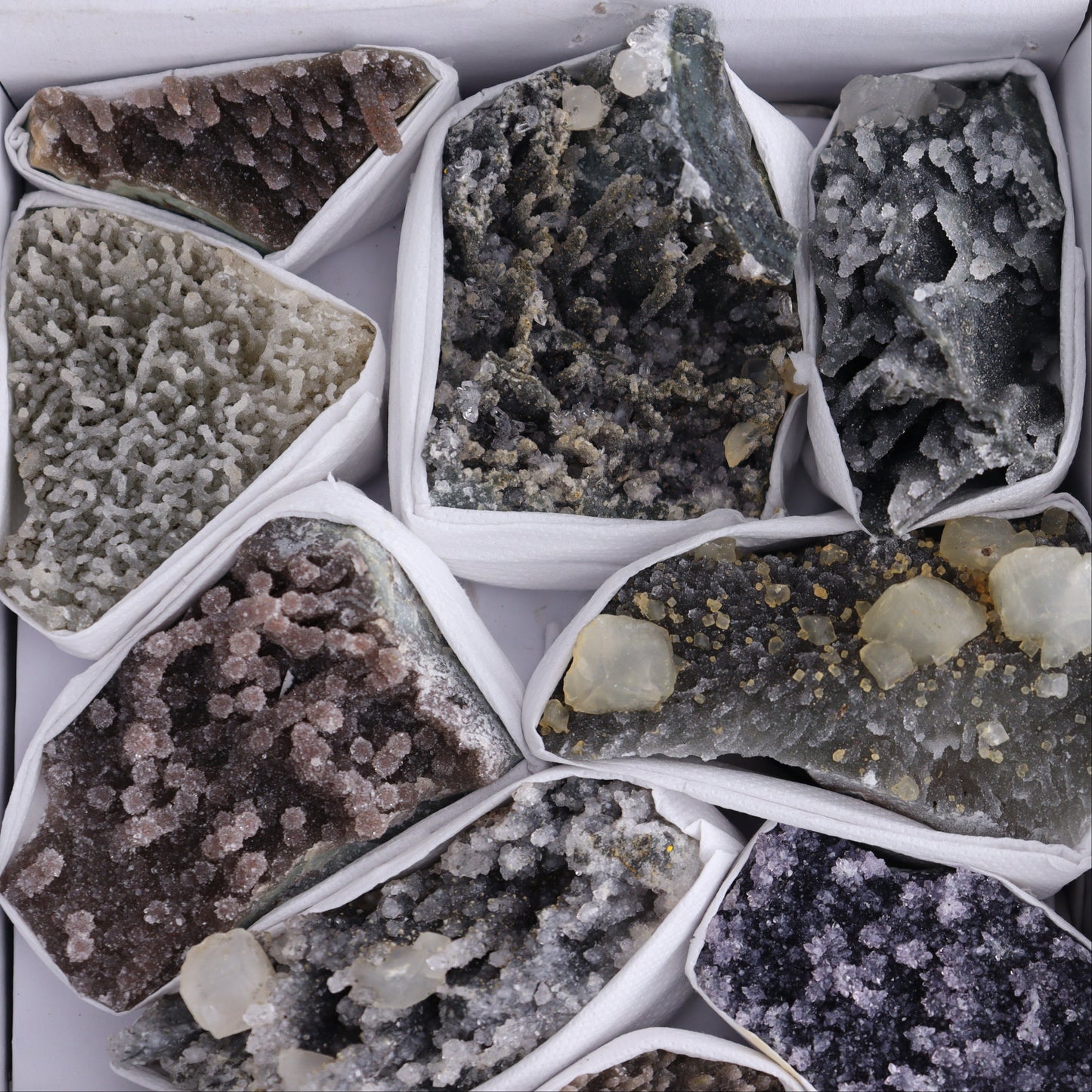 Uruguay Amethyst Clusters with Formations Flat of 13 - Expert Wholesale and Supplier of Wholesale Crystals & Bulk Gemstones, ["Amethyst","Calcite","Clusters","Formations","Uruguay"]