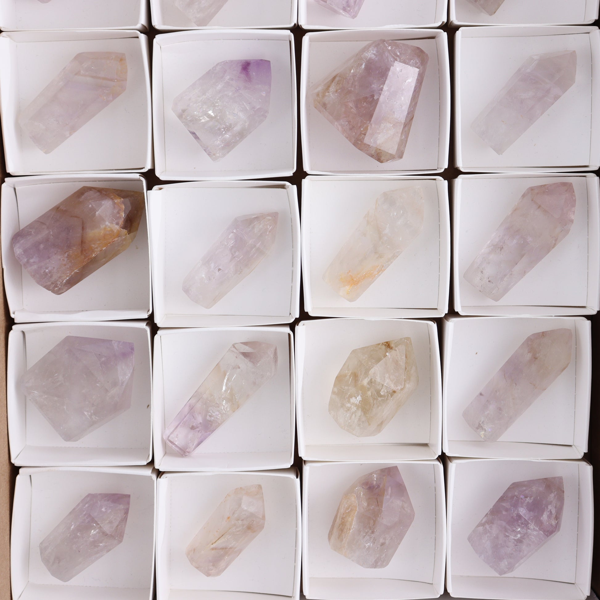 Powellite Amethyst UV Reactive Towers Set of 20 - Expert Wholesale and Supplier of Wholesale Crystals & Bulk Gemstones, ["Amethyst","Powellite"]