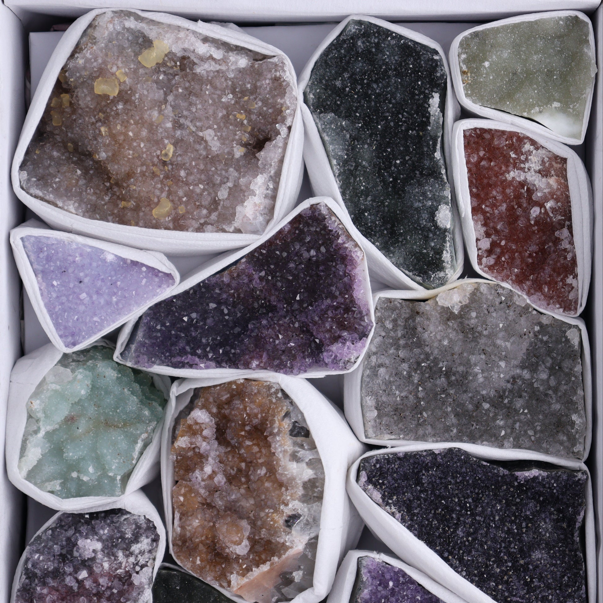 Uruguay Rainbow Amethyst Clusters Flat of 14 - Expert Wholesale and Supplier of Wholesale Crystals & Bulk Gemstones, ["Amethyst","Clusters","Rainbow Amethyst","Sugar Rainbow Amethyst","Uruguay"]