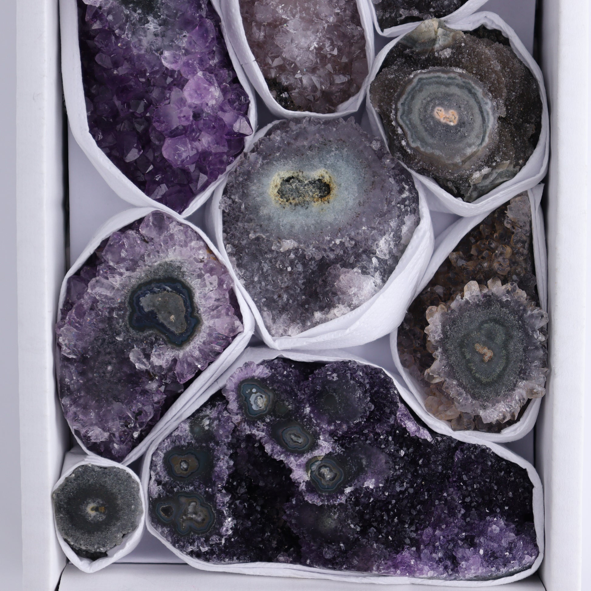 Uruguay Amethyst Clusters with "Eyes" Flat of 10 - Expert Wholesale and Supplier of Wholesale Crystals & Bulk Gemstones, ["Amethyst","Clusters","Eyes Amethyst","Uruguay"]