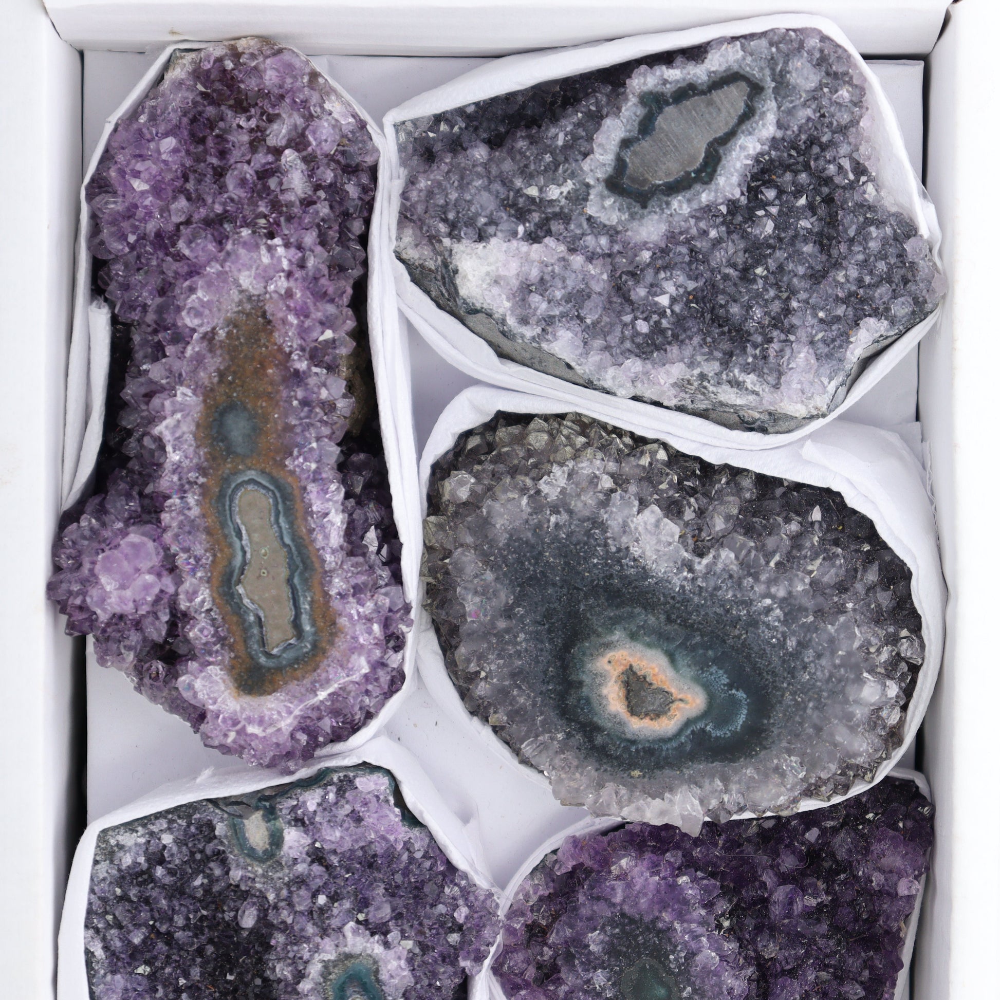 Uruguay Amethyst Clusters with "Eyes" Flat of 7 - Expert Wholesale and Supplier of Wholesale Crystals & Bulk Gemstones, ["Amethyst","Amethyst Eyes","Clusters","Uruguay"]
