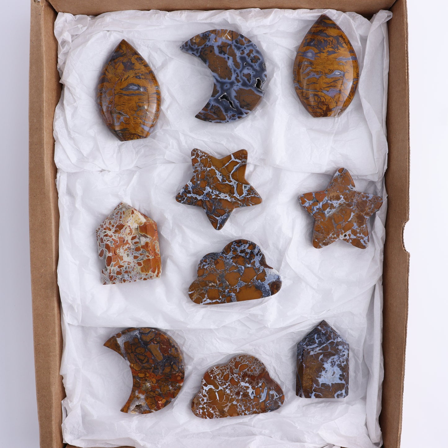 Brecciated Jasper Moons, Stars, Towers, Clouds, and Flames Set of 10 - Expert Wholesale and Supplier of Wholesale Crystals & Bulk Gemstones, ["Brecciated Jasper","Clouds","flames","Indonesia","moons","stars","Towers"]