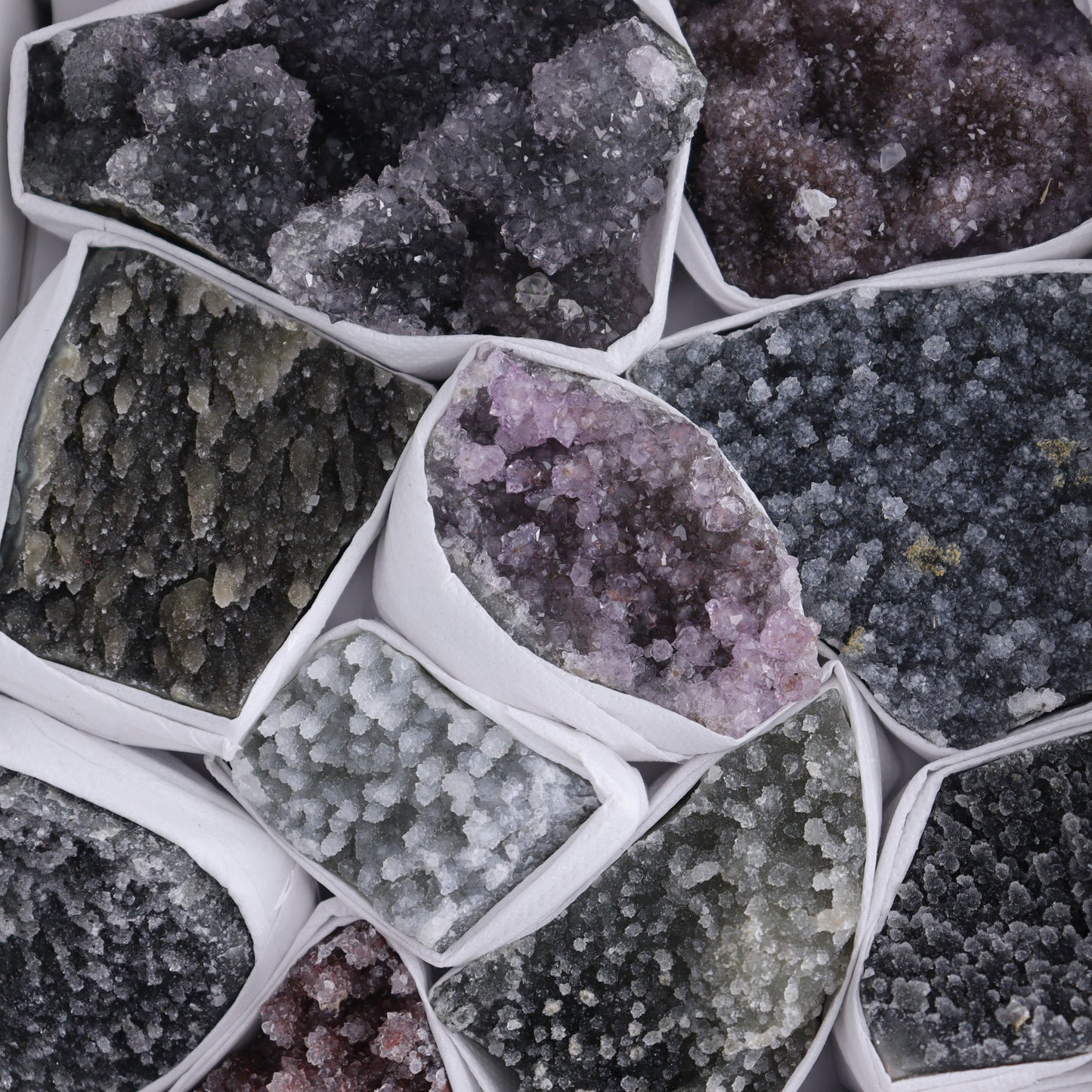 Uruguay Amethyst Clusters with Formations Flat of 15 - Expert Wholesale and Supplier of Wholesale Crystals & Bulk Gemstones, ["Amethyst","Calcite","Clusters","Formations","Uruguay"]