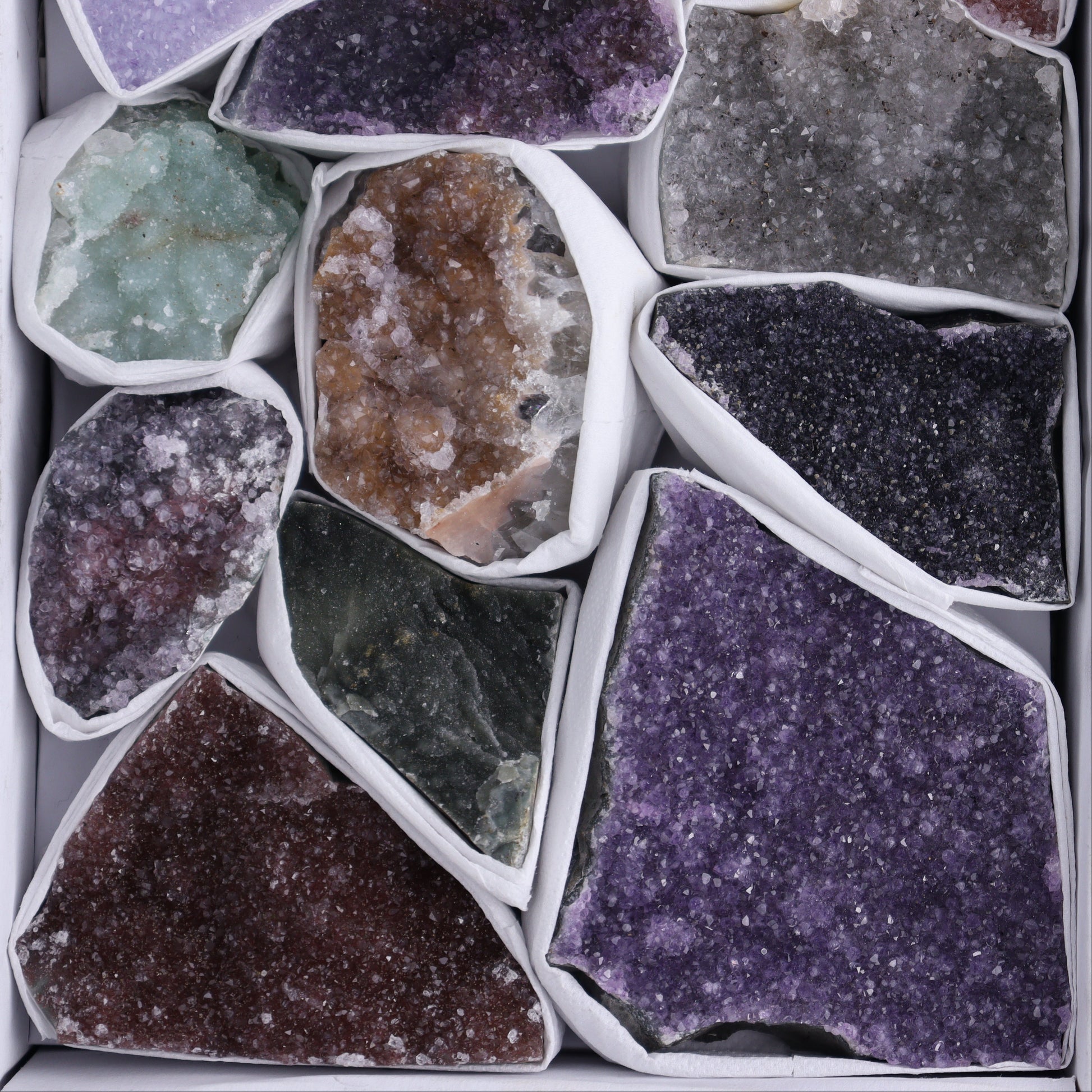 Uruguay Rainbow Amethyst Clusters Flat of 14 - Expert Wholesale and Supplier of Wholesale Crystals & Bulk Gemstones, ["Amethyst","Clusters","Rainbow Amethyst","Sugar Rainbow Amethyst","Uruguay"]