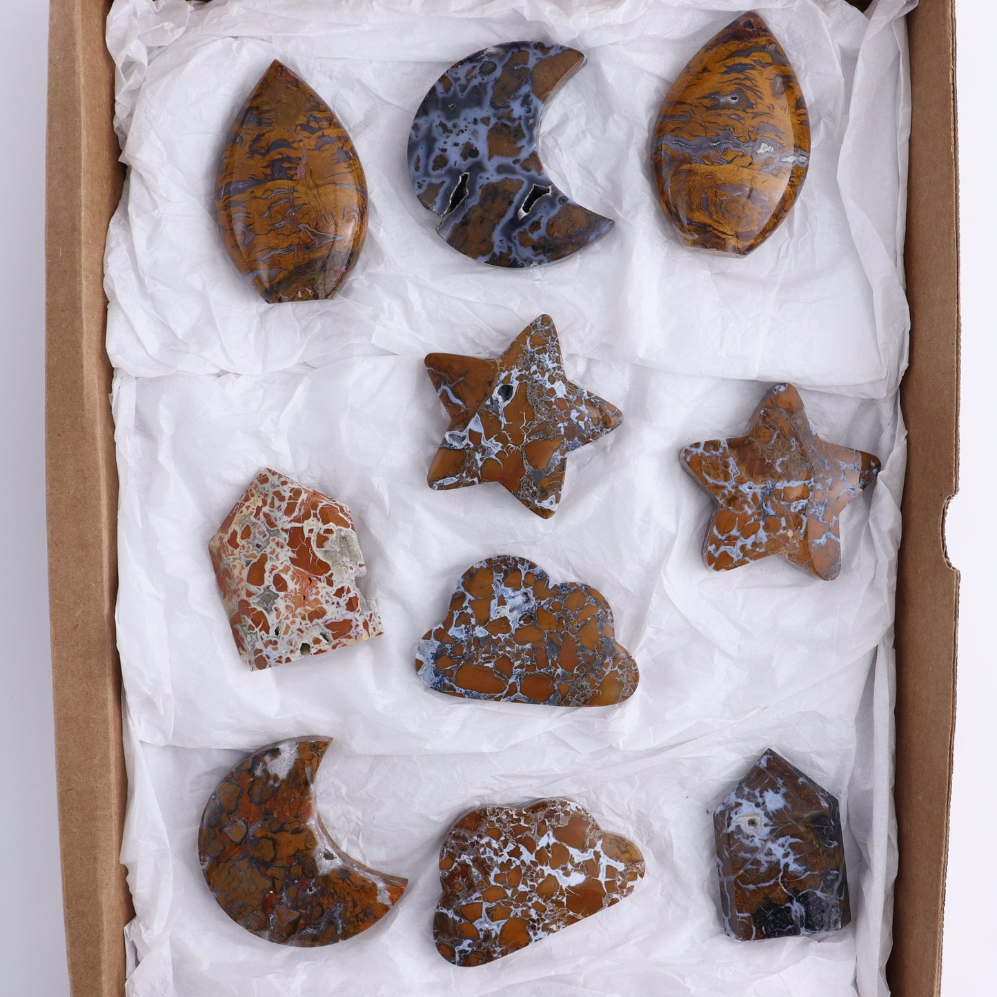Brecciated Jasper Moons, Stars, Towers, Clouds, and Flames Set of 10 - Expert Wholesale and Supplier of Wholesale Crystals & Bulk Gemstones, ["Brecciated Jasper","Clouds","flames","Indonesia","moons","stars","Towers"]