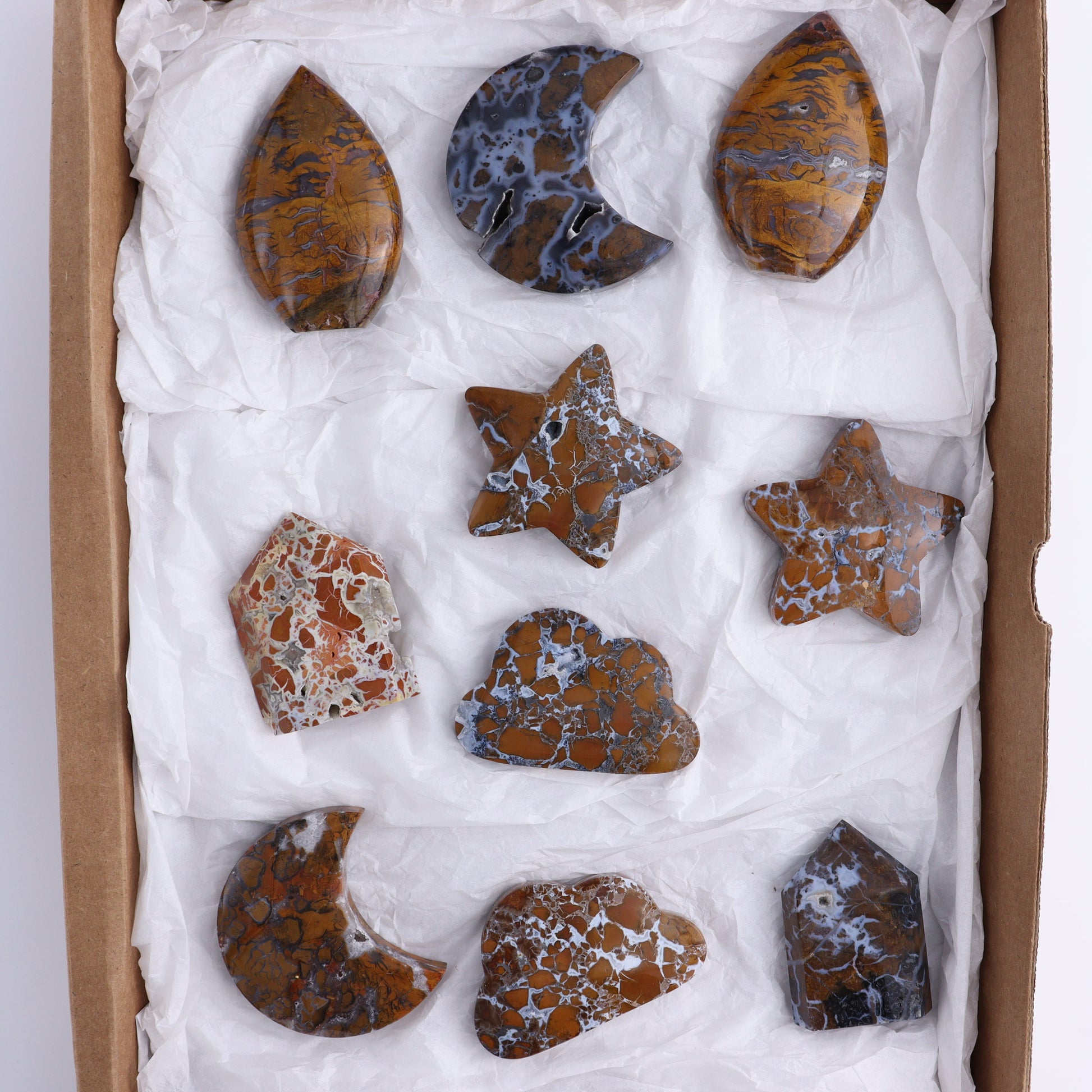 Brecciated Jasper Moons, Stars, Towers, Clouds, and Flames Set of 10 - Expert Wholesale and Supplier of Wholesale Crystals & Bulk Gemstones, ["Brecciated Jasper","Clouds","flames","Indonesia","moons","stars","Towers"]