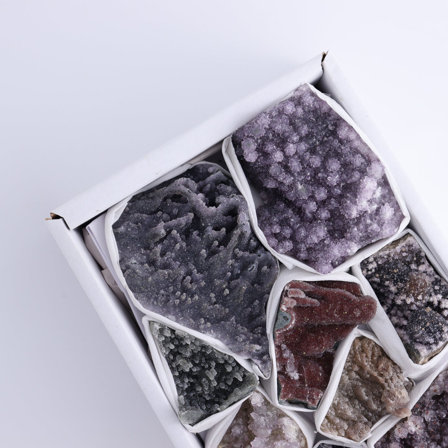 Uruguay Amethyst Clusters with Formations Flat of 9 - Expert Wholesale and Supplier of Wholesale Crystals & Bulk Gemstones, ["Amethyst","Calcite","Clusters","Formations","Uruguay"]