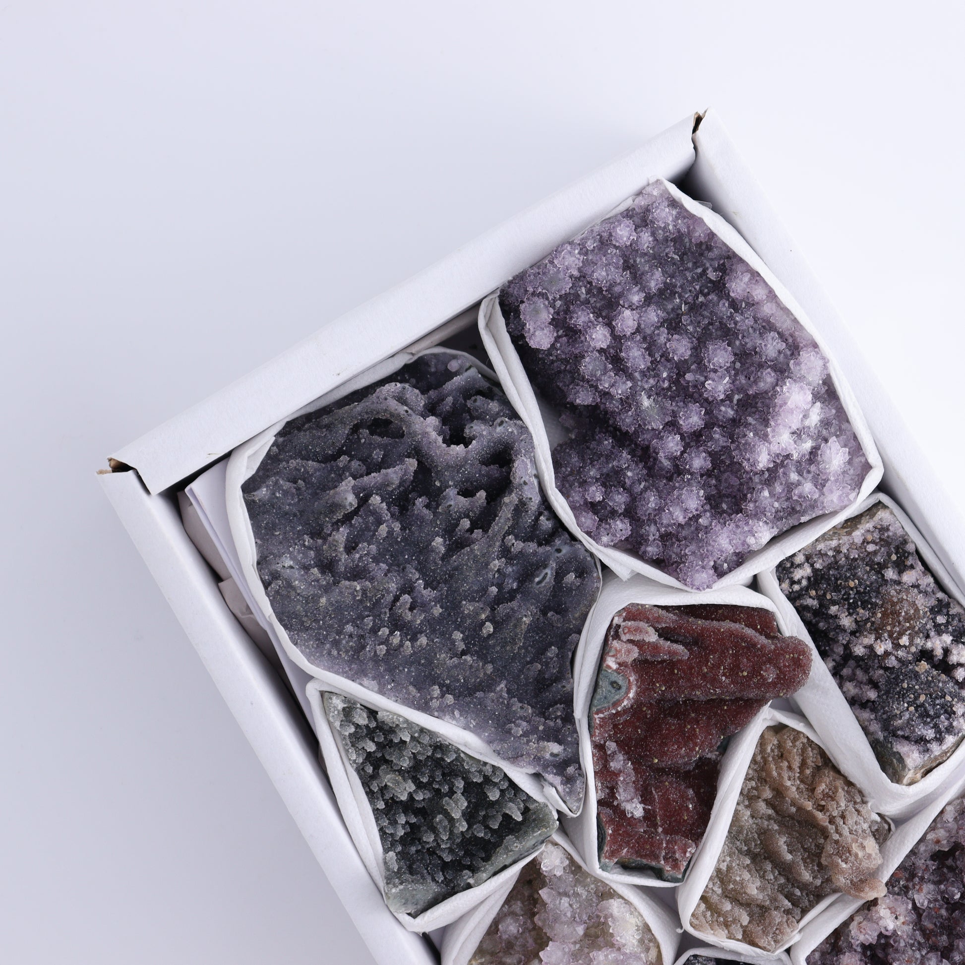 Uruguay Amethyst Clusters with Formations Flat of 9 - Expert Wholesale and Supplier of Wholesale Crystals & Bulk Gemstones, ["Amethyst","Calcite","Clusters","Formations","Uruguay"]