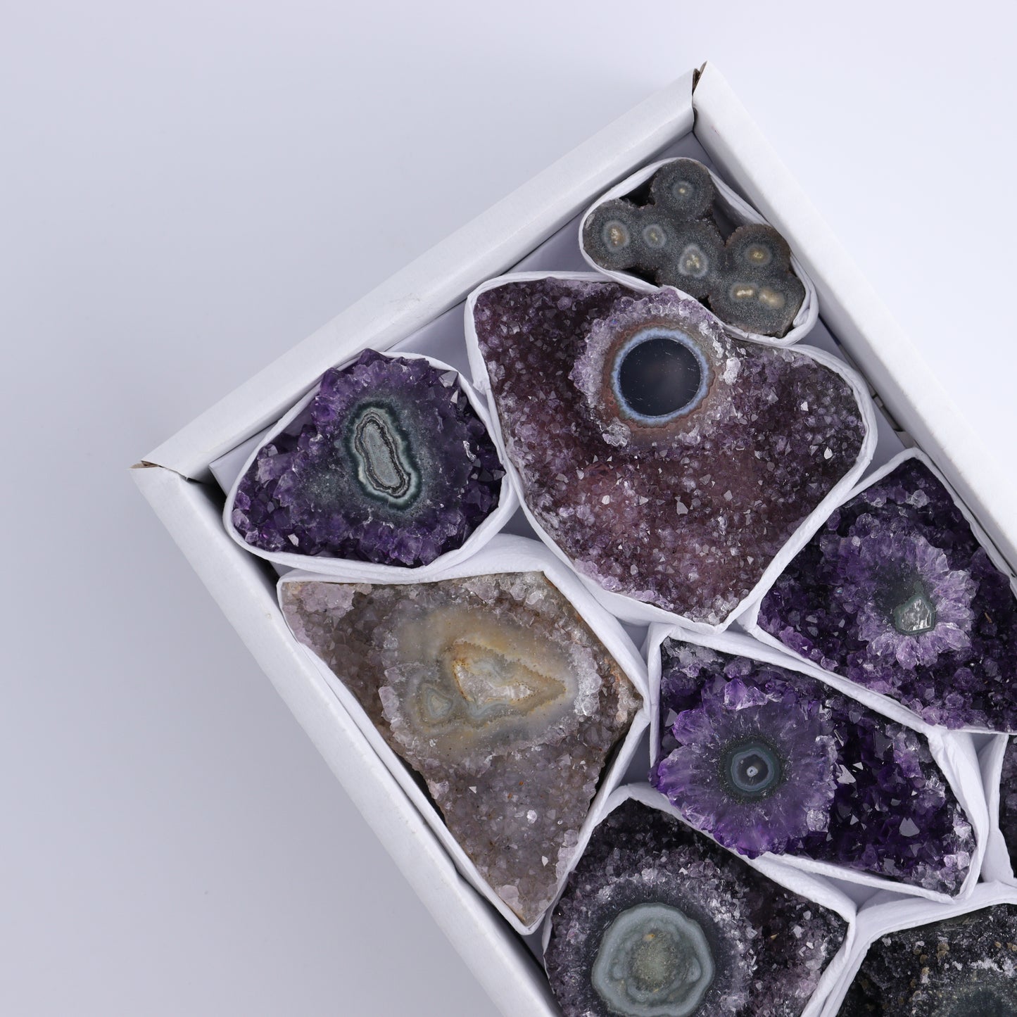 Uruguay Amethyst Clusters with "Eyes" Flat of 10 - Expert Wholesale and Supplier of Wholesale Crystals & Bulk Gemstones, ["Amethyst","Clusters","Eyes Amethyst","Uruguay"]