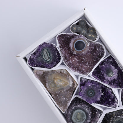 Uruguay Amethyst Clusters with "Eyes" Flat of 10 - Expert Wholesale and Supplier of Wholesale Crystals & Bulk Gemstones, ["Amethyst","Clusters","Eyes Amethyst","Uruguay"]