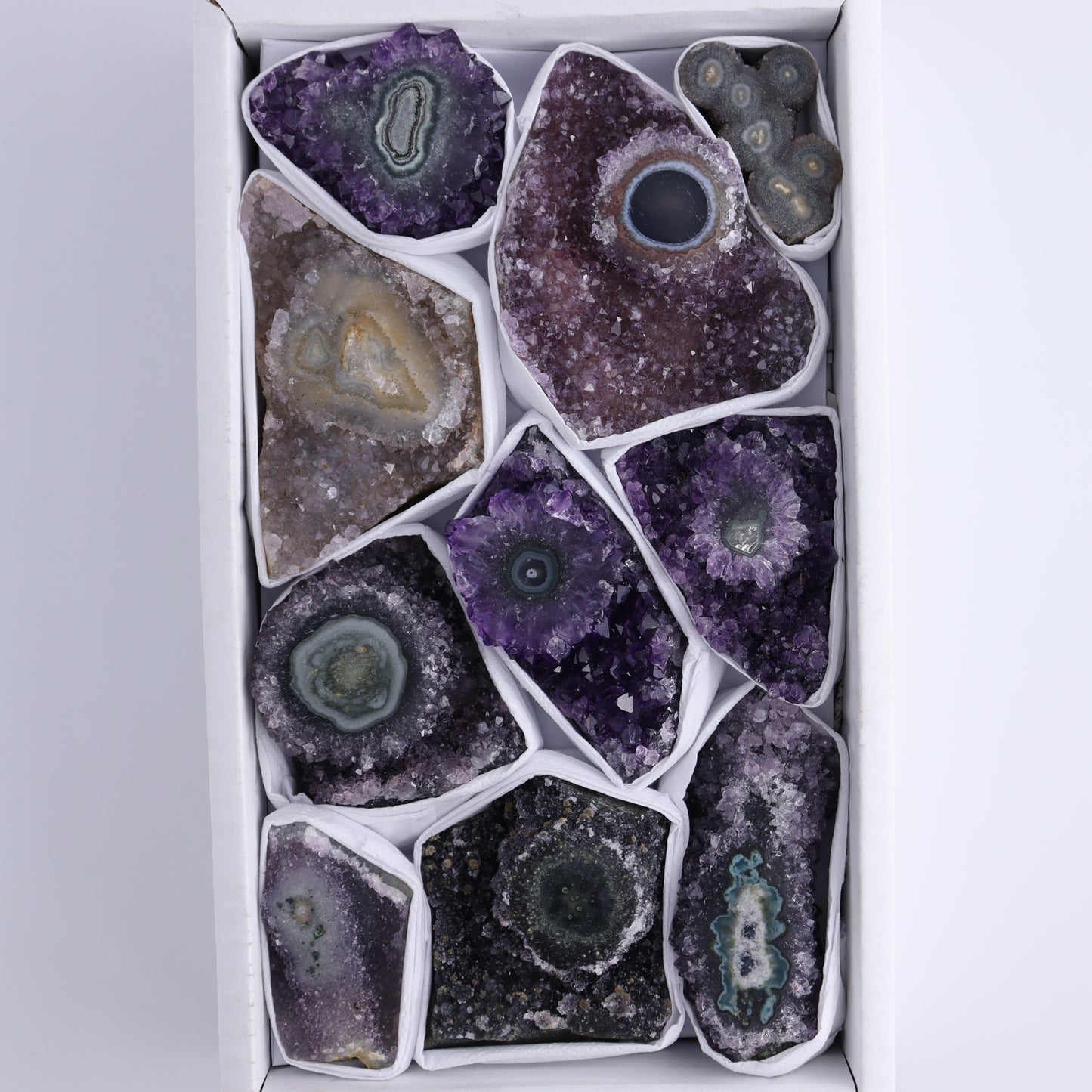 Uruguay Amethyst Clusters with "Eyes" Flat of 10 - Expert Wholesale and Supplier of Wholesale Crystals & Bulk Gemstones, ["Amethyst","Clusters","Eyes Amethyst","Uruguay"]