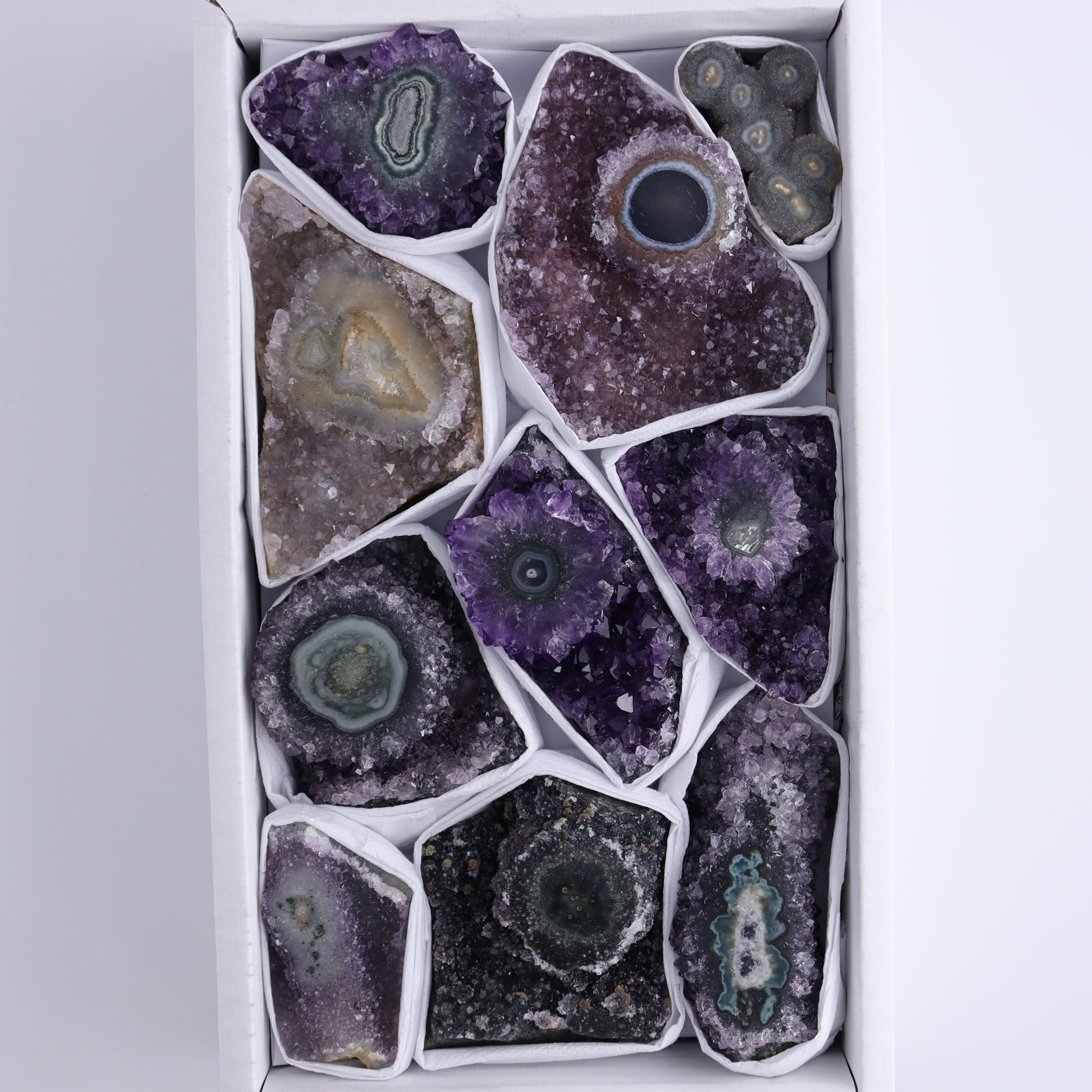 Uruguay Amethyst Clusters with "Eyes" Flat of 10 - Expert Wholesale and Supplier of Wholesale Crystals & Bulk Gemstones, ["Amethyst","Clusters","Eyes Amethyst","Uruguay"]