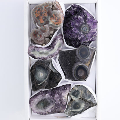 Uruguay Amethyst Clusters with "Eyes" Flat of 7 - Expert Wholesale and Supplier of Wholesale Crystals & Bulk Gemstones, ["Amethyst","Amethyst Eyes","Clusters","Uruguay"]