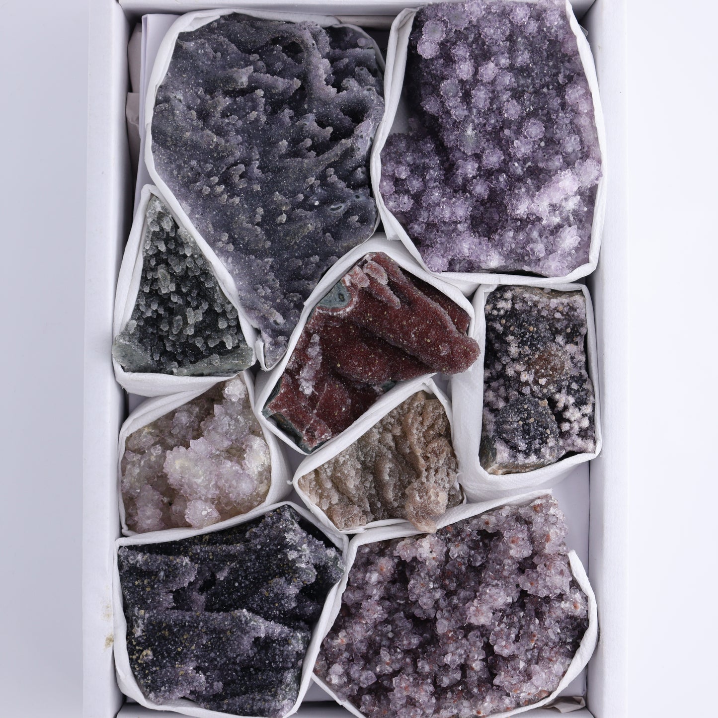Uruguay Amethyst Clusters with Formations Flat of 9 - Expert Wholesale and Supplier of Wholesale Crystals & Bulk Gemstones, ["Amethyst","Calcite","Clusters","Formations","Uruguay"]