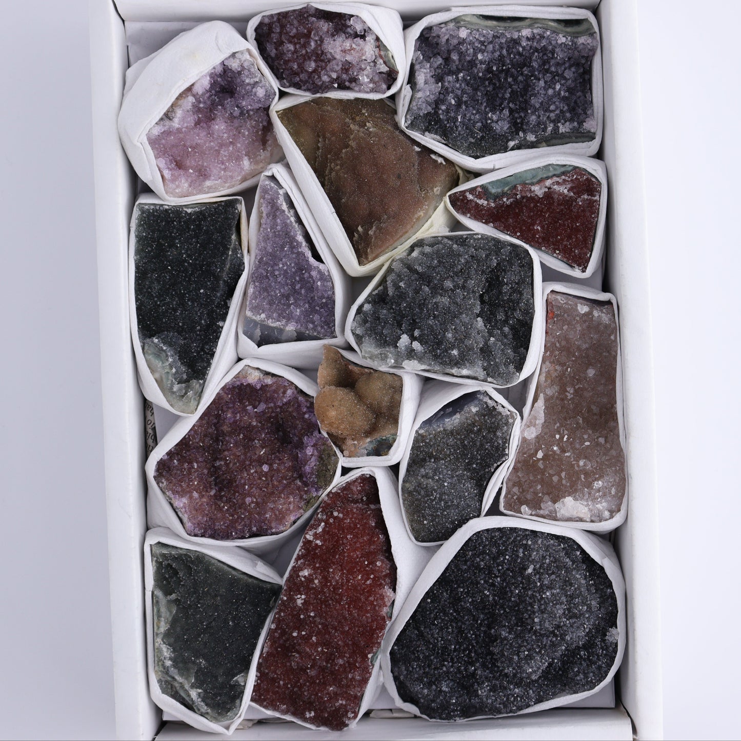 Uruguay Rainbow Amethyst Clusters Flat of 15 - Expert Wholesale and Supplier of Wholesale Crystals & Bulk Gemstones, ["Amethyst","Clusters","Rainbow Amethyst","Sugar Rainbow Amethyst","Uruguay"]