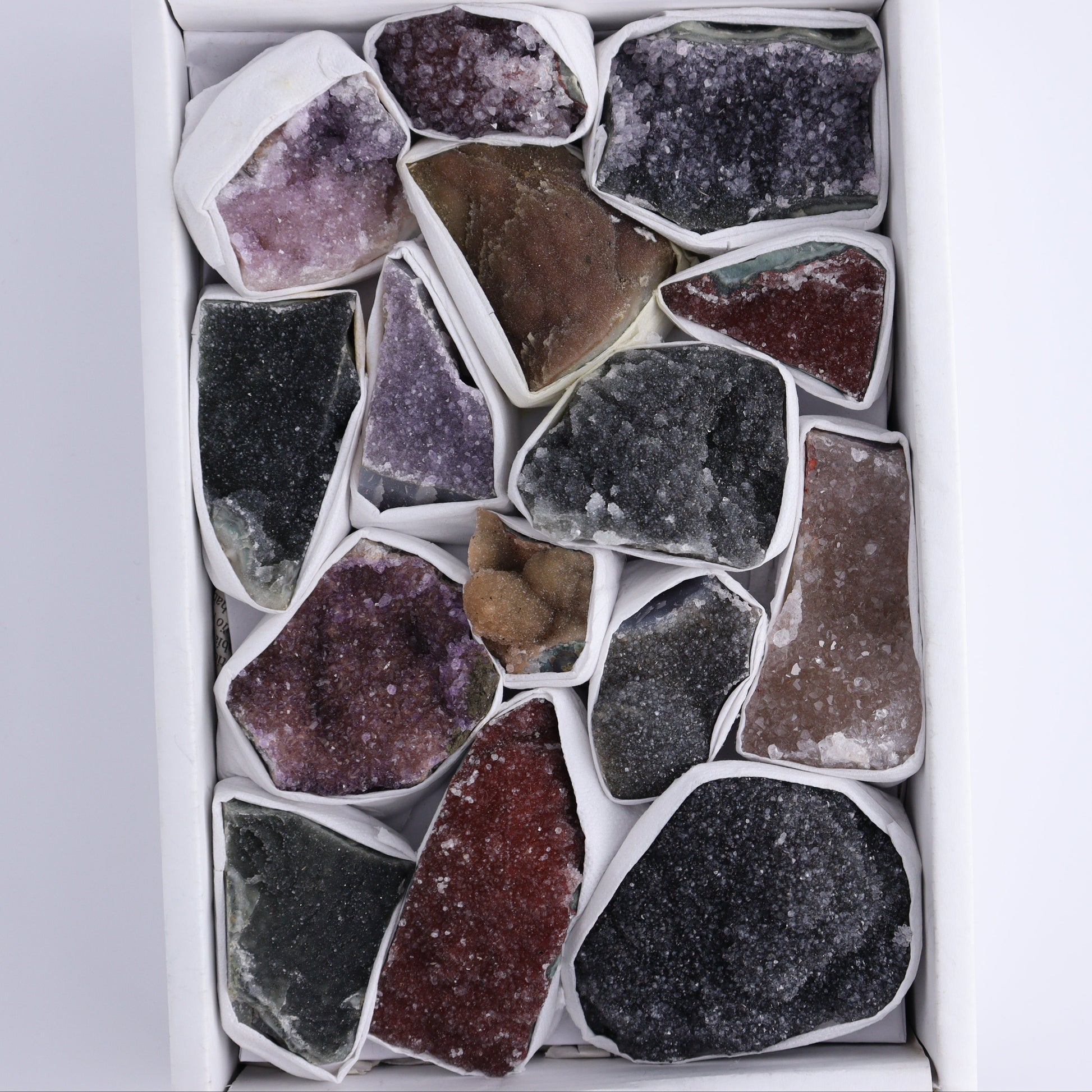 Uruguay Rainbow Amethyst Clusters Flat of 15 - Expert Wholesale and Supplier of Wholesale Crystals & Bulk Gemstones, ["Amethyst","Clusters","Rainbow Amethyst","Sugar Rainbow Amethyst","Uruguay"]