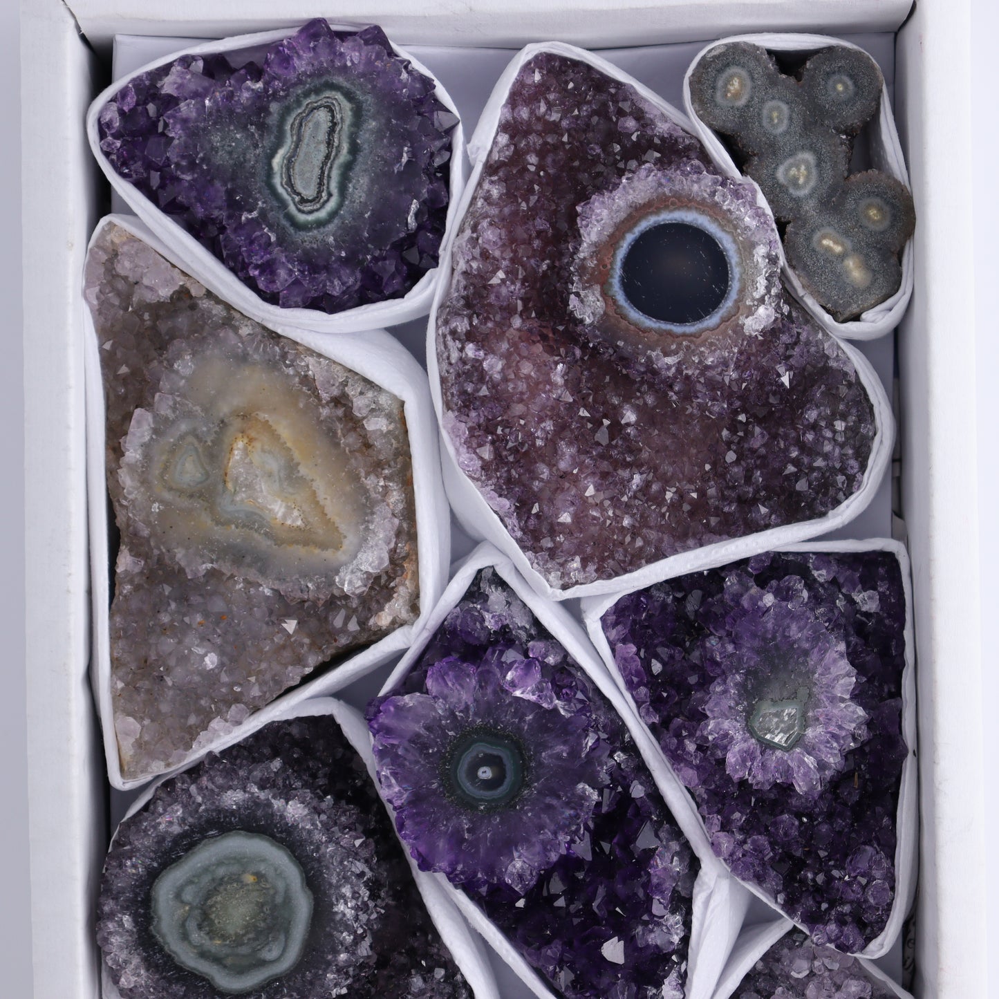 Uruguay Amethyst Clusters with "Eyes" Flat of 10 - Expert Wholesale and Supplier of Wholesale Crystals & Bulk Gemstones, ["Amethyst","Clusters","Eyes Amethyst","Uruguay"]