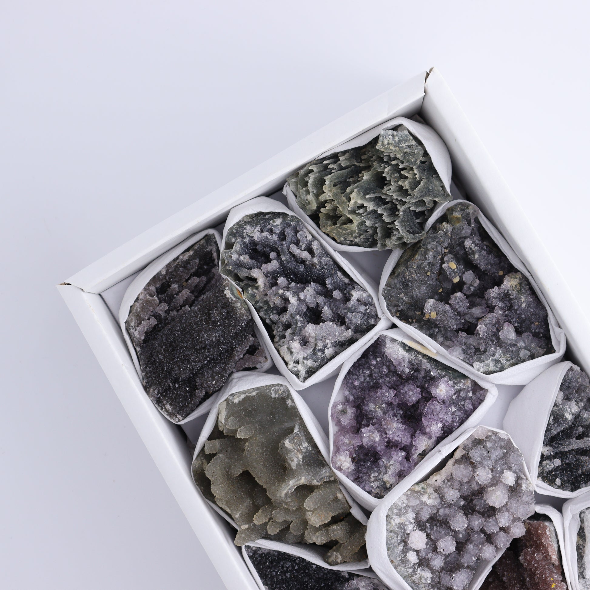 Uruguay Amethyst Clusters with Formations Flat of 12 - Expert Wholesale and Supplier of Wholesale Crystals & Bulk Gemstones, ["Amethyst","Calcite","Clusters","Formations","Uruguay"]