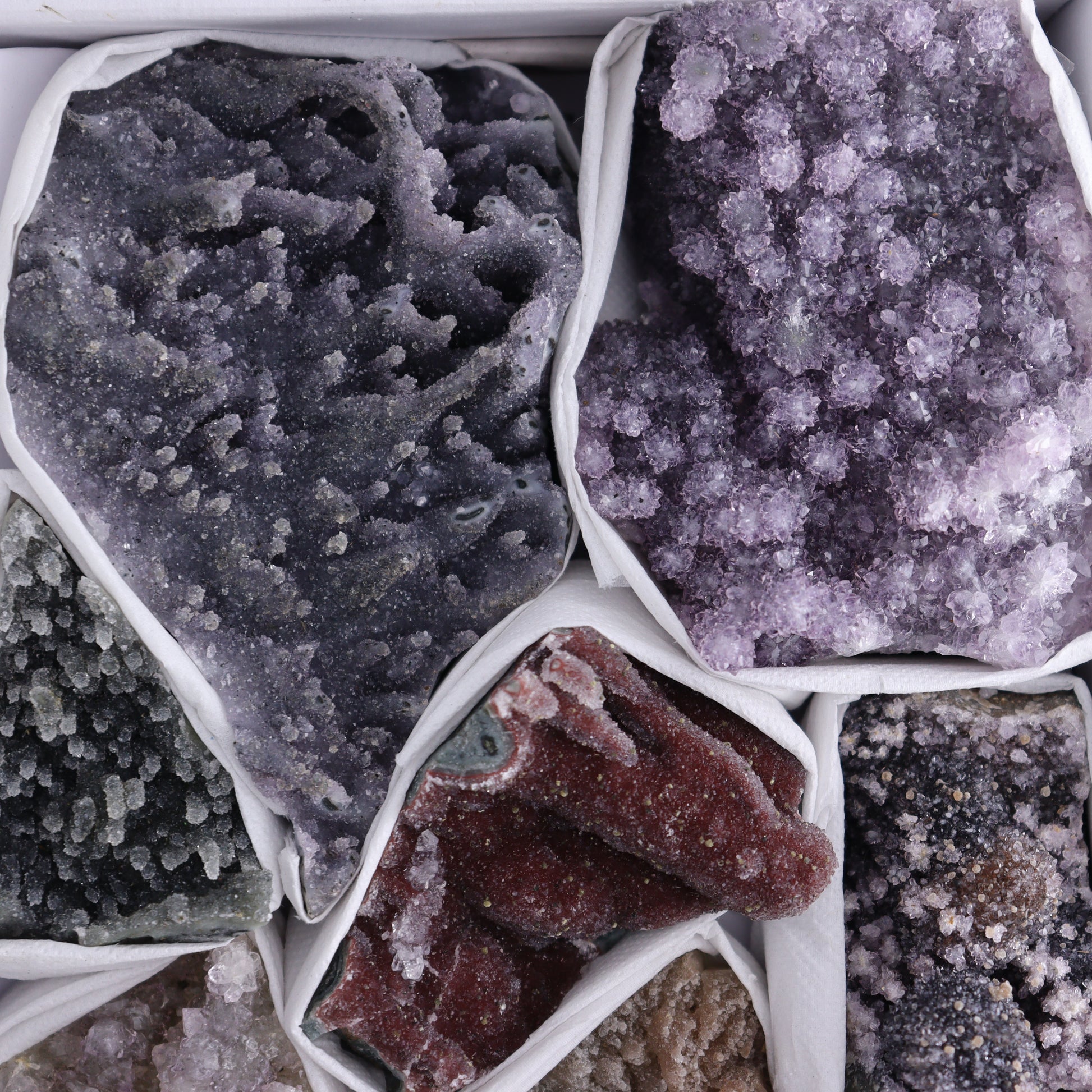 Uruguay Amethyst Clusters with Formations Flat of 9 - Expert Wholesale and Supplier of Wholesale Crystals & Bulk Gemstones, ["Amethyst","Calcite","Clusters","Formations","Uruguay"]