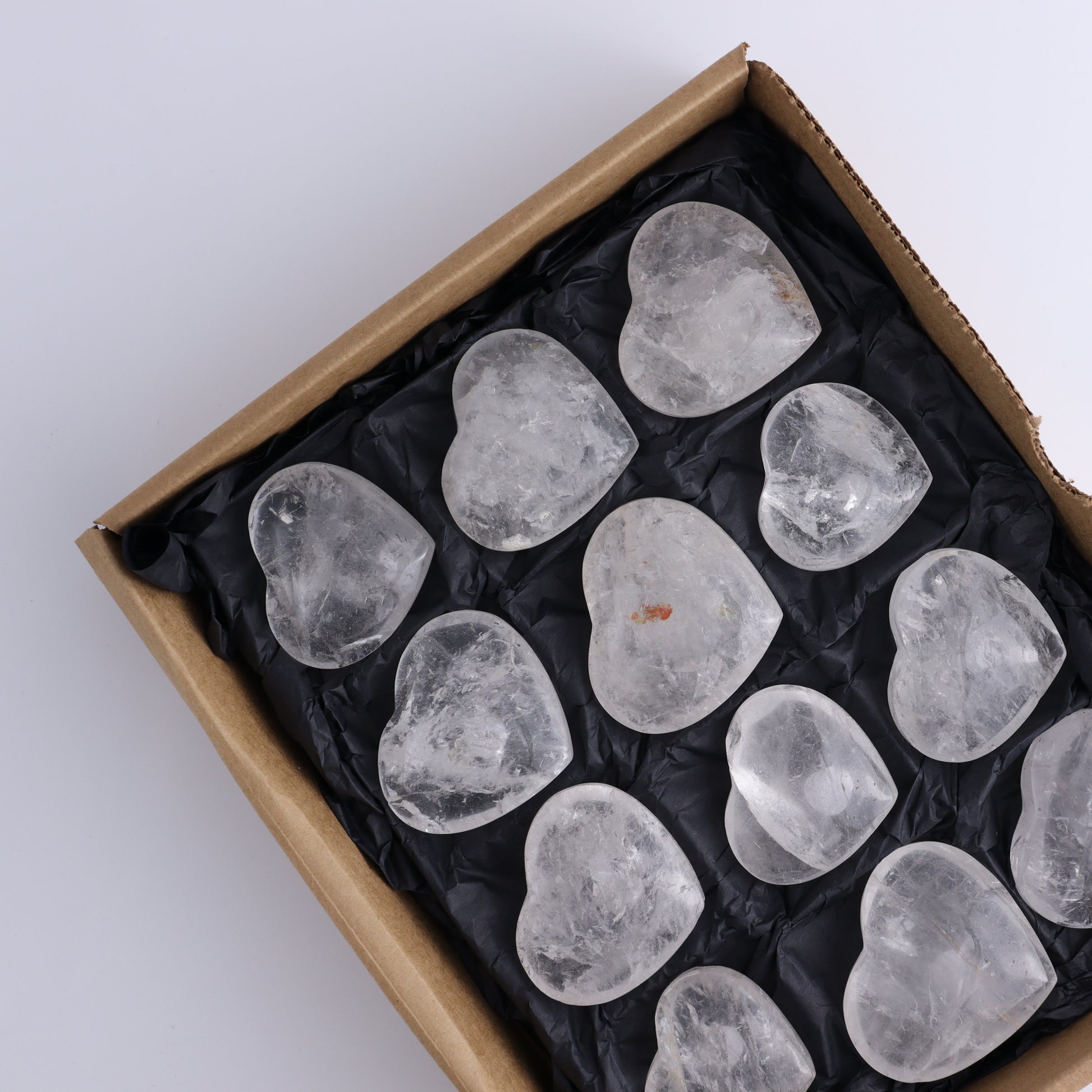 Imperfect Clear Quartz Hearts Set of 12 - Expert Wholesale and Supplier of Wholesale Crystals & Bulk Gemstones, ["Brazil","Clear Quartz","close_50","Hearts","Quartz"]