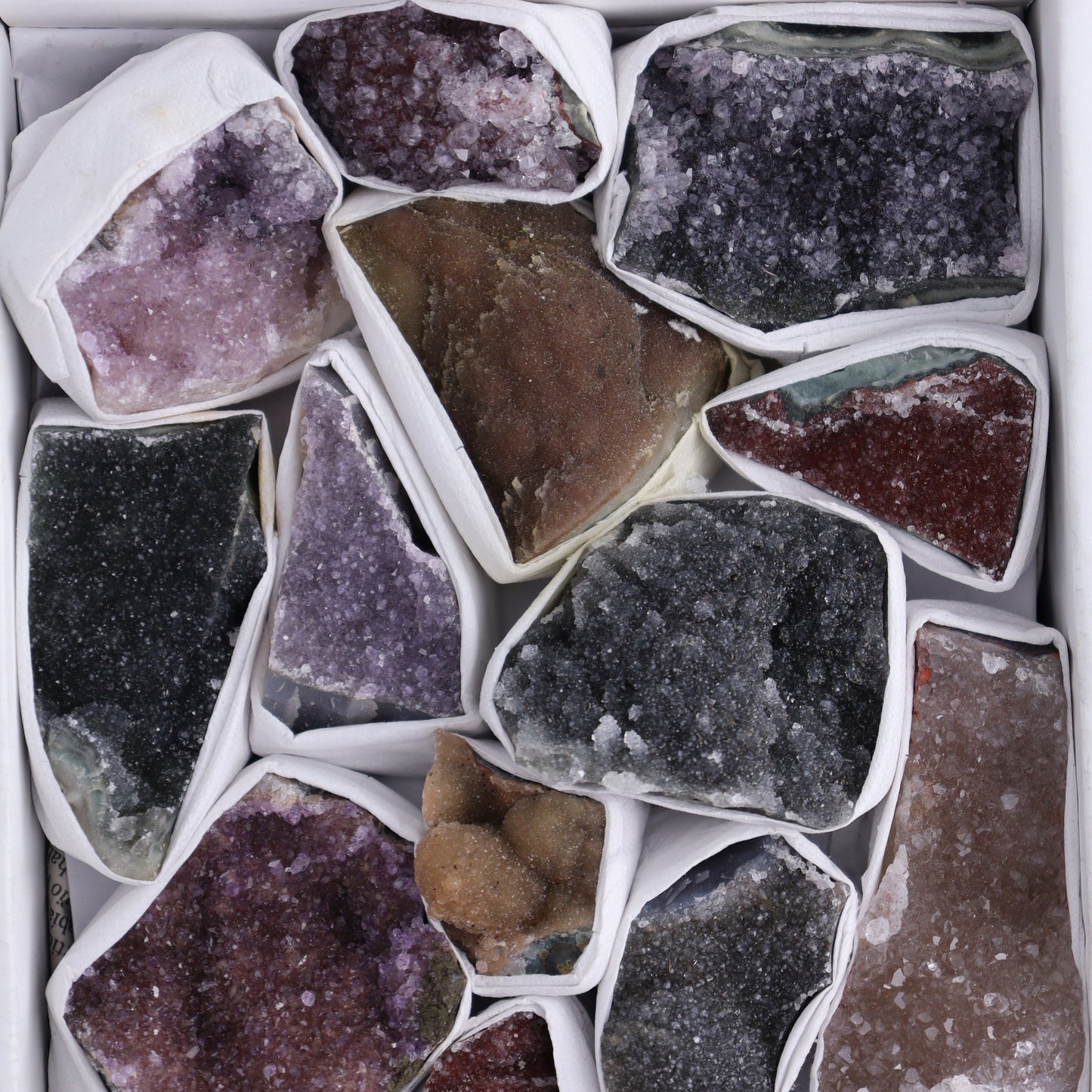 Uruguay Rainbow Amethyst Clusters Flat of 15 - Expert Wholesale and Supplier of Wholesale Crystals & Bulk Gemstones, ["Amethyst","Clusters","Rainbow Amethyst","Sugar Rainbow Amethyst","Uruguay"]