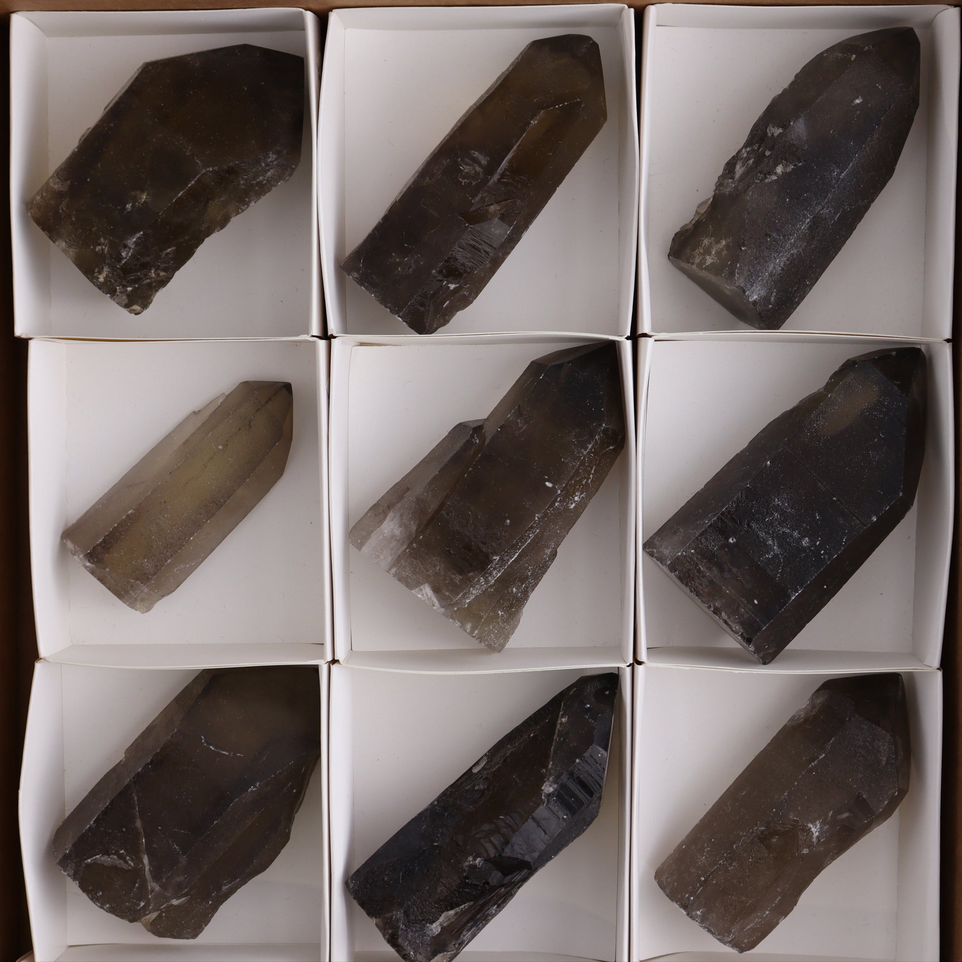 Smoky Quartz Polished Tops Set of 12 - Expert Wholesale and Supplier of Wholesale Crystals & Bulk Gemstones, ["Brazil","close_70","Points","Quartz","Smoky Quartz"]