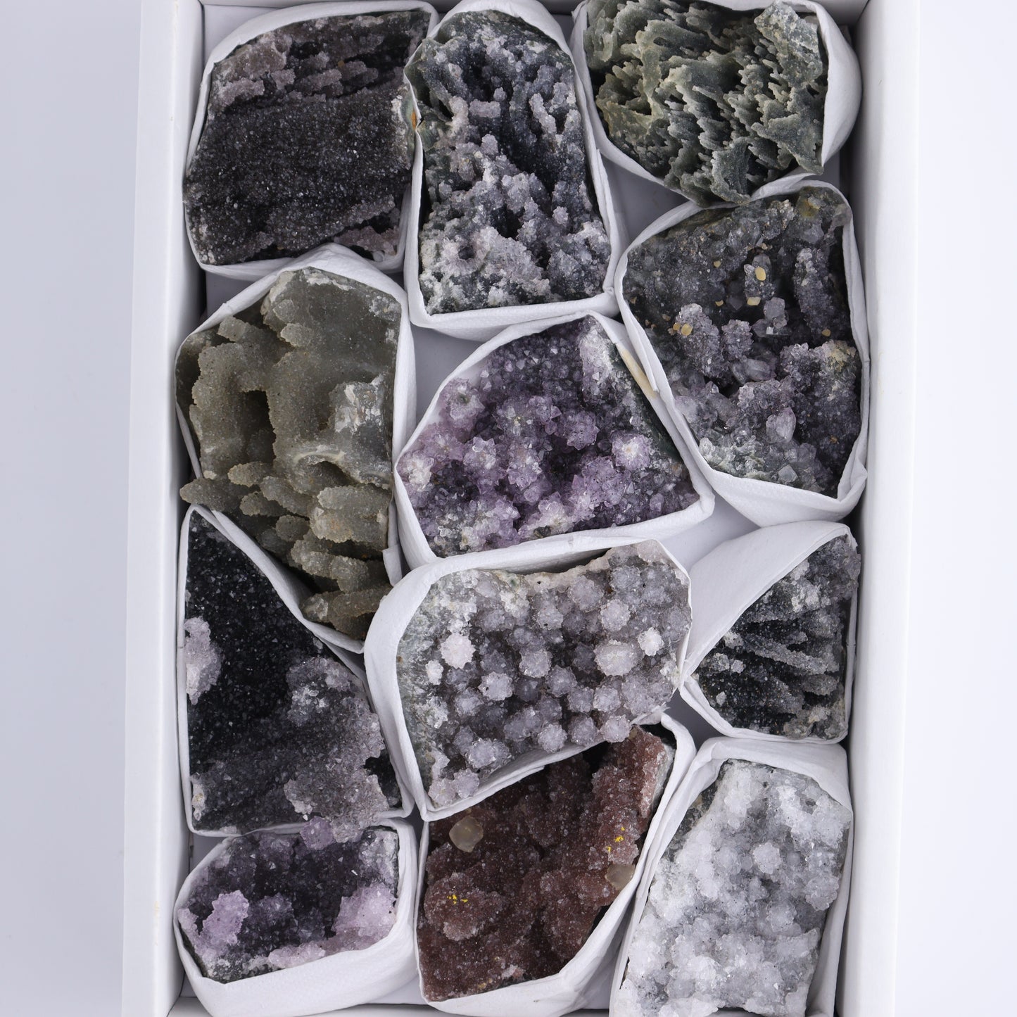 Uruguay Amethyst Clusters with Formations Flat of 12 - Expert Wholesale and Supplier of Wholesale Crystals & Bulk Gemstones, ["Amethyst","Calcite","Clusters","Formations","Uruguay"]