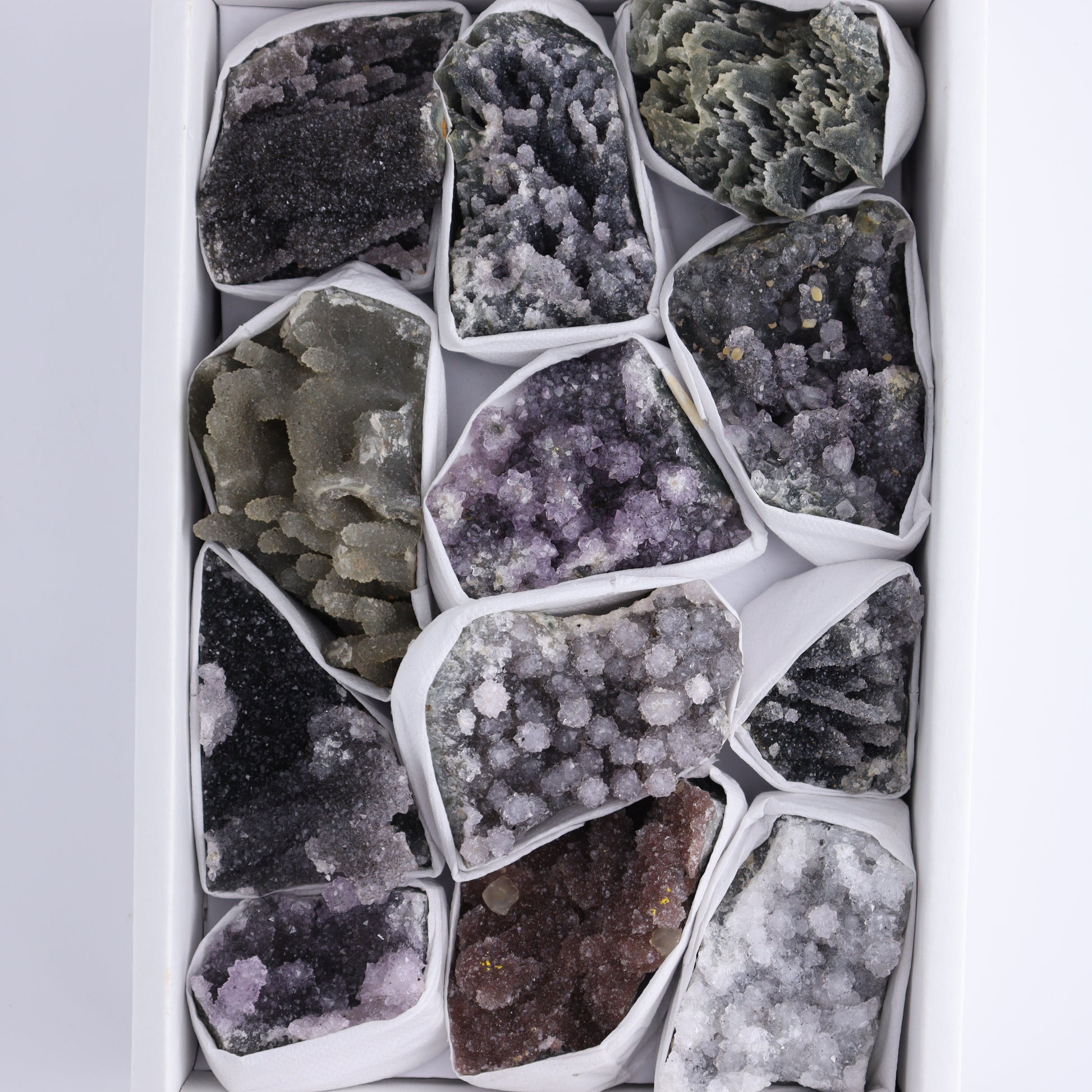 Uruguay Amethyst Clusters with Formations Flat of 12 - Expert Wholesale and Supplier of Wholesale Crystals & Bulk Gemstones, ["Amethyst","Calcite","Clusters","Formations","Uruguay"]